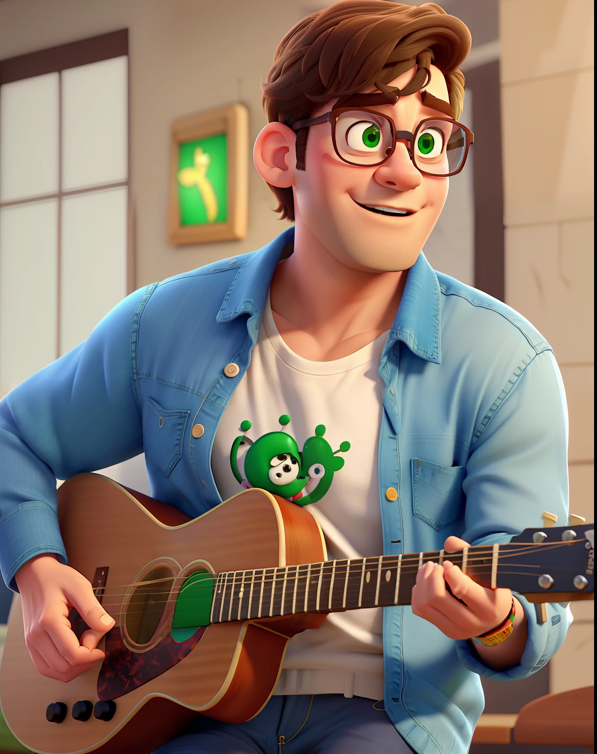 Um homem maduro, 44 anos, branco, cabelo grisalho, olhos verdes, Navy Blue Rectangular Glasses, Denim shirt and beige pants, playing guitar and singing, com uma banda ao fundo, Inside an evangelical church, com cores fortes e vibrantes, estilo personagem Disney Pixar.