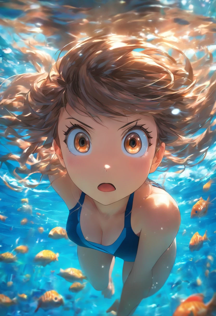 foreshortening, profundidade de campo, master part, best quality, 1girl, brown hair, olhos castanhos, cabelos longos, underwater, bolha de ar, sozinho, Olhando para o Viewer, school school swimsuit, swimming, luz solar fraca,