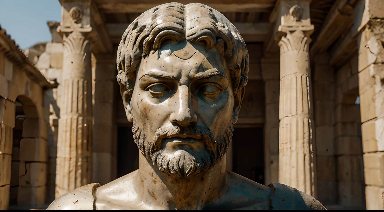 Ancient Stoic Statue With Very Angry Expression, tem barba, muitos detalhes em ambos os olhos, Outside, fundo atenas grego, open sky, com rosto extremamente detalhado full body view, Colors with low saturation with dark tone, Filmado em Sony A7S III com Sony FE 35mm f/1.8, 12.1 MP, --AR 3:2 --estilo cru