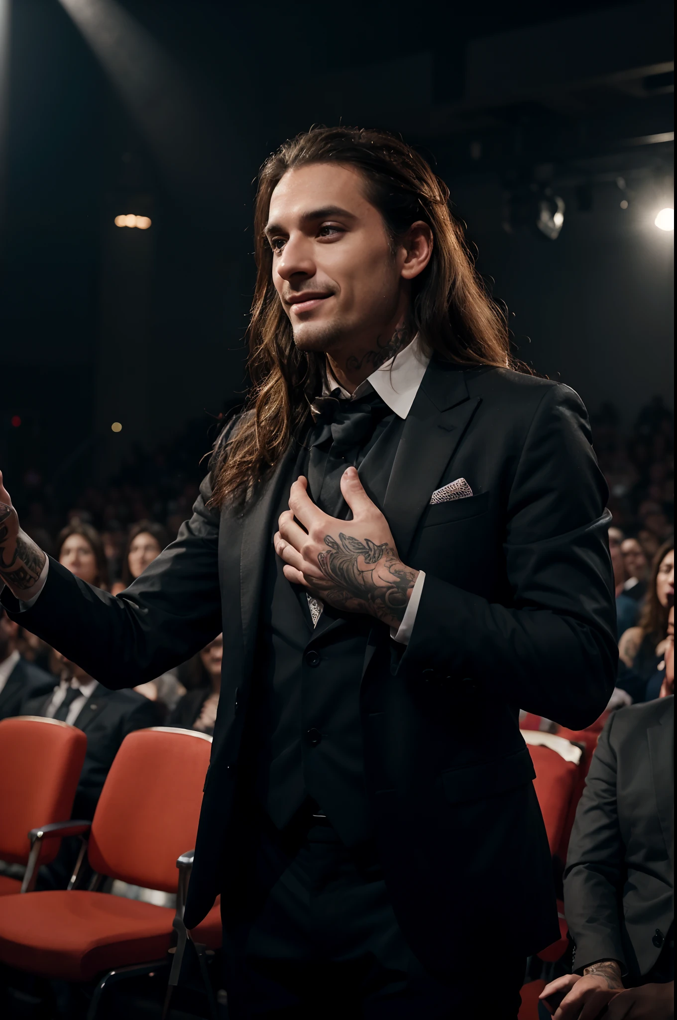Em um palco deslumbrantemente iluminado, Um comediante com um belo sorriso, Long hair and stunning tattoos on hands and arms is presenting itself. He is dressed in an elegant suit that highlights his charismatic presence. No fundo da imagem, uma plateia extensa e animada ri com entusiasmo, Creating an atmosphere of celebration. Carefully designed lighting highlights both the comedian and the details of their tattoos. Every stroke, The audience's expression and reaction are captured with stunning clarity, providing a visual experience rich in detail and emotions.