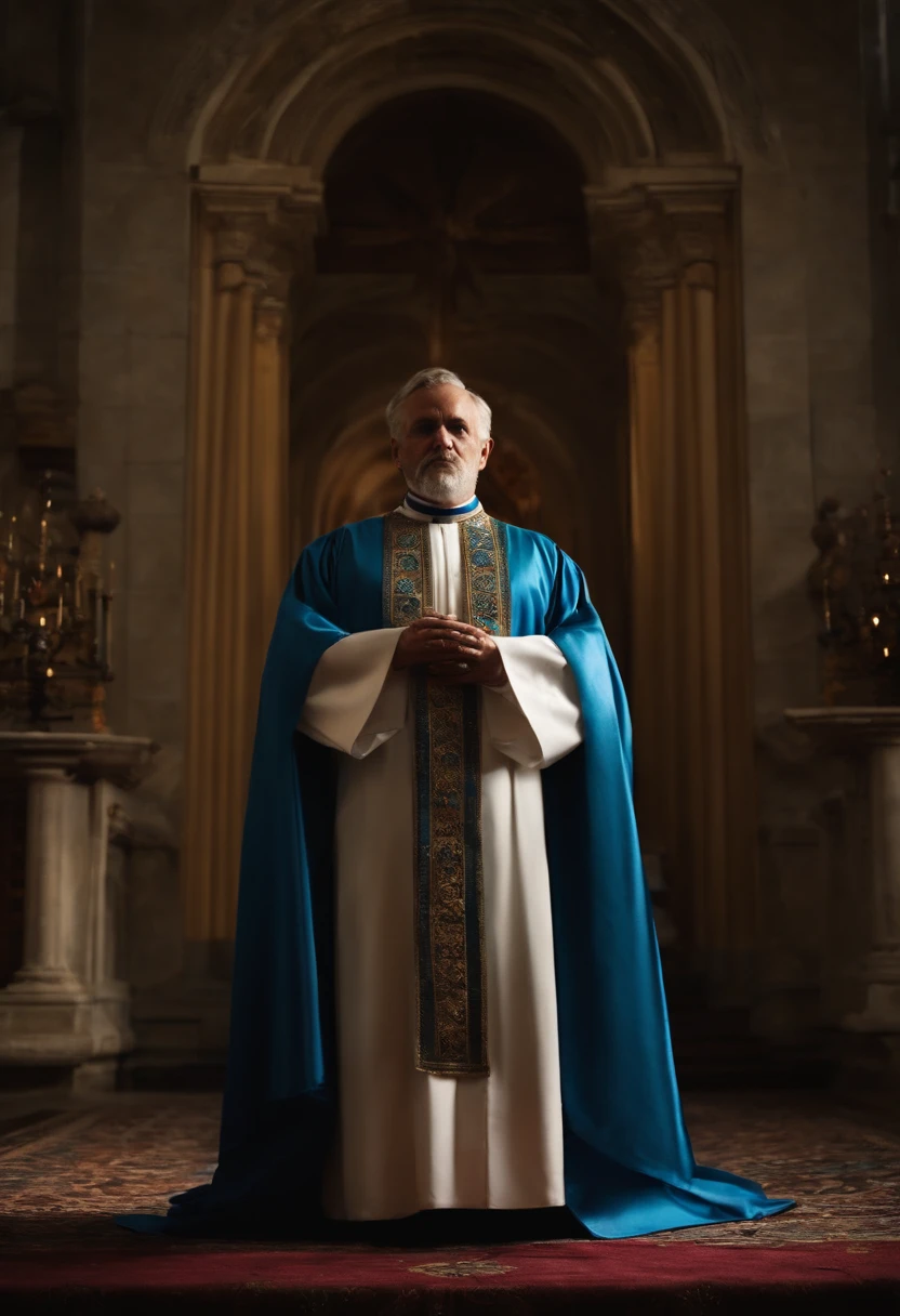 Full Body Photograph Priest standing in a robe and robbed at the altar with a blue ribbon on his chest