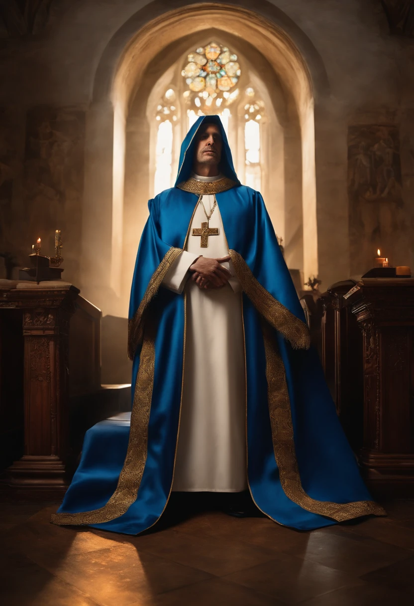 Full Body Photograph Priest standing in a robe and robbed at the altar with a blue ribbon on his chest