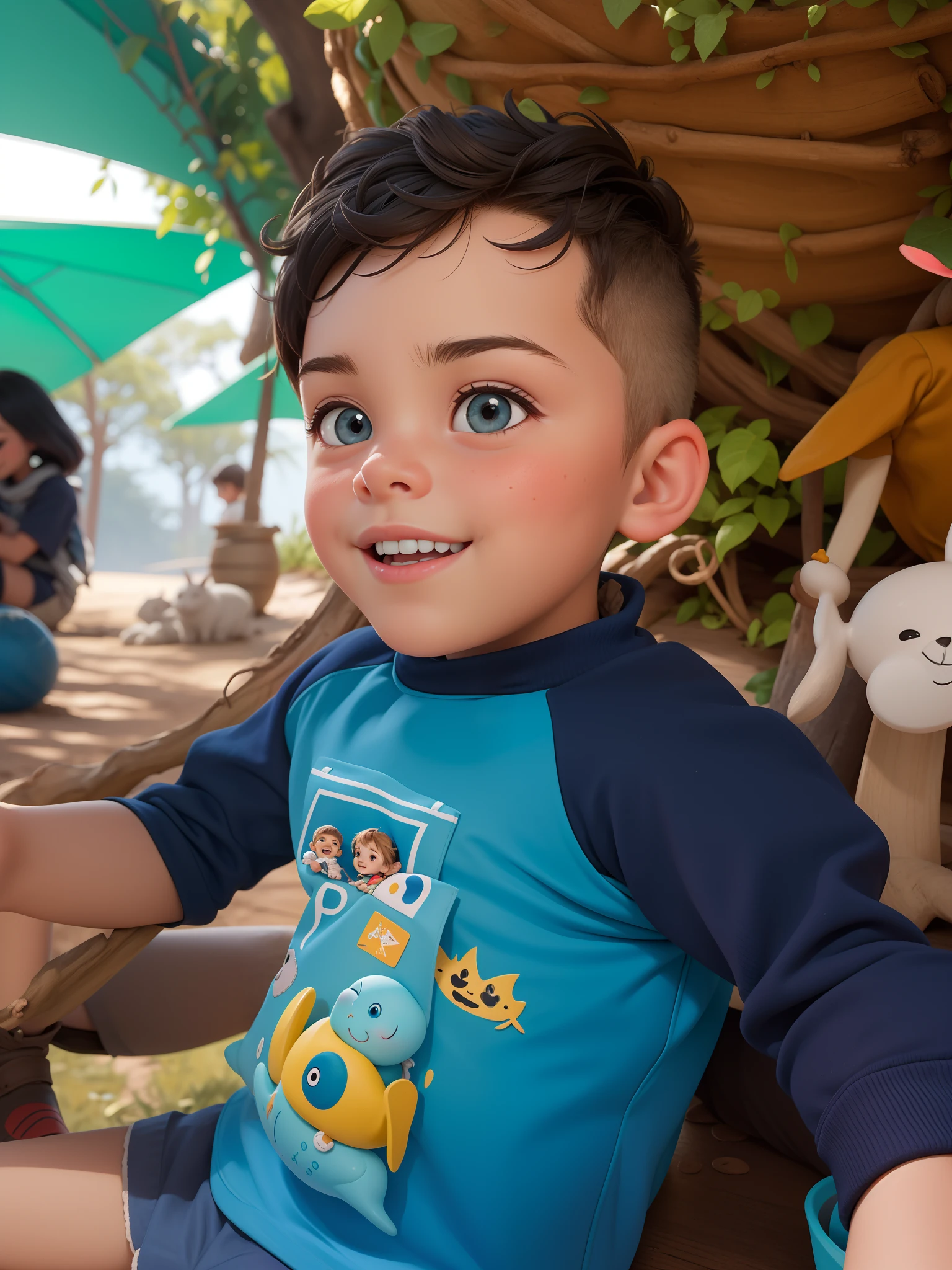 A Jornada dos Pequenos Exploradores: a happy boy sitting on the floor, na floresta, com uma pequena mochila azul nas costas, blusa amarela, bermuda preta, bota de trilha azul, estilo capa de filme com o tema as aventuras de Adriel