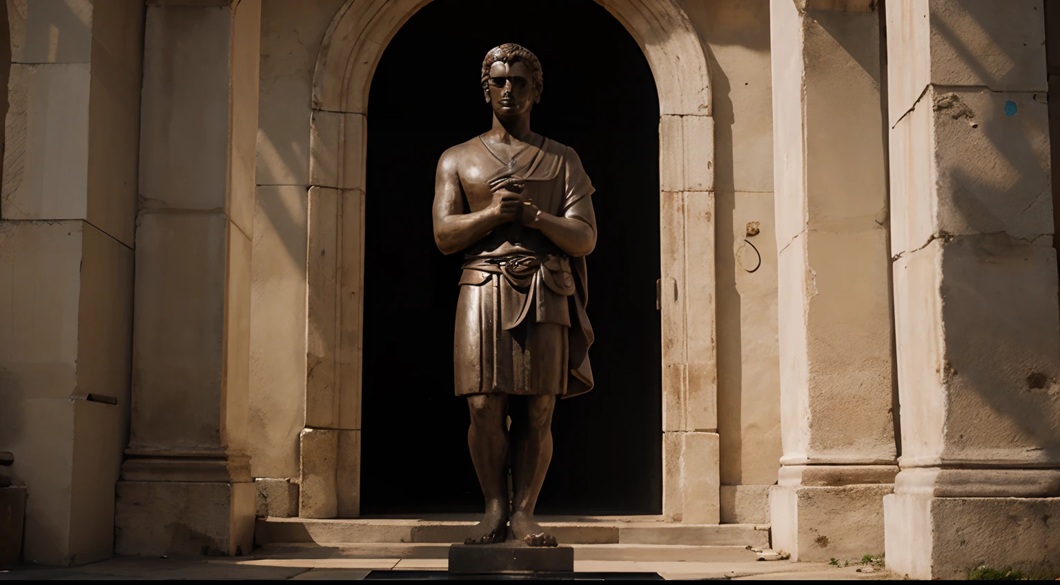 Ancient Stoic Statue With Very Angry Expression, tem barba, muitos detalhes em ambos os olhos, Outside, fundo atenas grego, open sky, com rosto extremamente detalhado full body view, Colors with low saturation with dark tone, Filmado em Sony A7S III com Sony FE 35mm f/1.8, 12.1 MP, --AR 3:2 --estilo cru