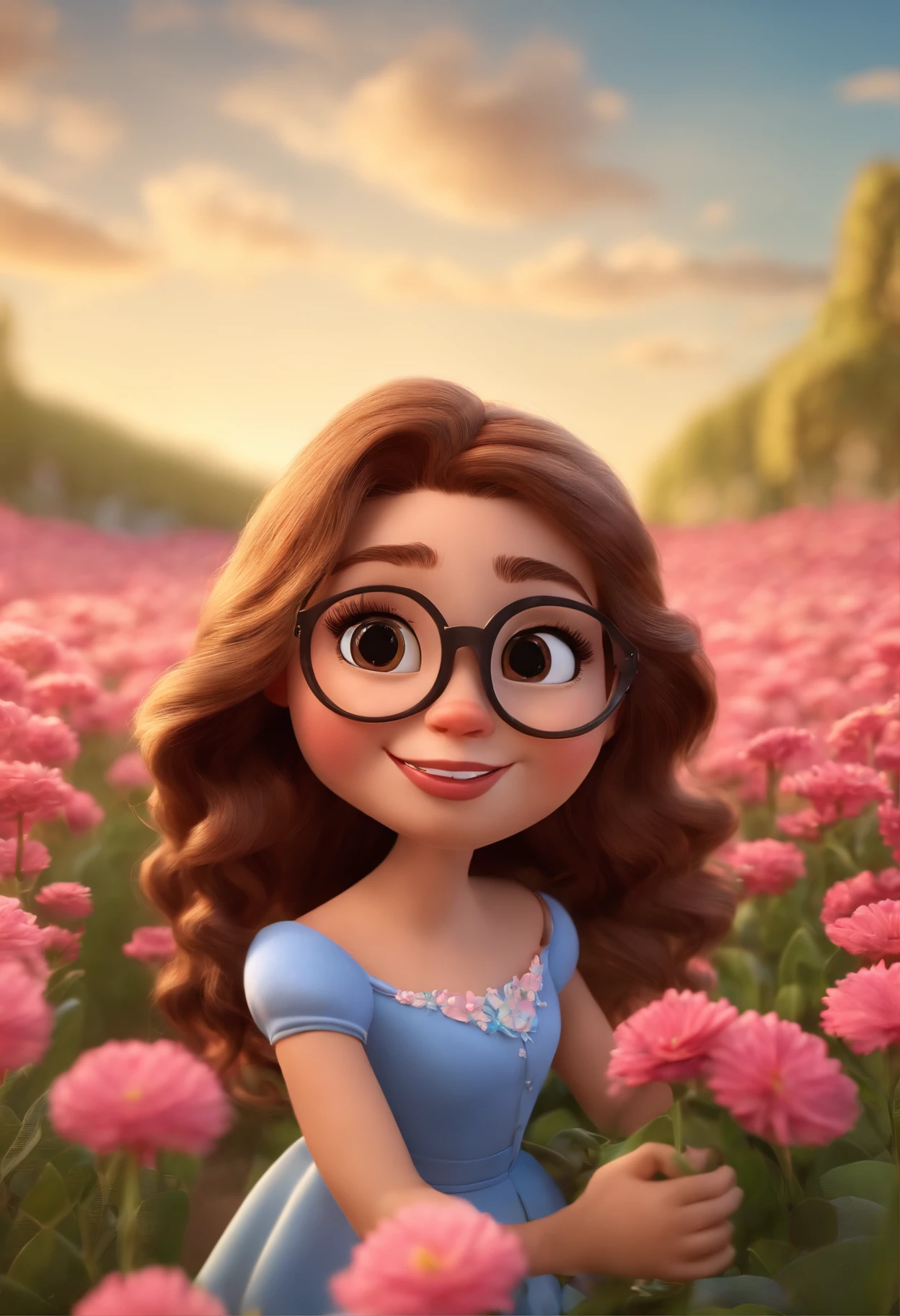 Pixar style image with 3D character eyes Brown wearing gold glasses brunette -yeld giredium wavy brown hair, round face, pink and big lips, wearing a blue dress, in a field of flowers Maquiagem Disney,fofo, adolable, sorridente ,Close-up, Pixar, Disney, Cinema lighting,