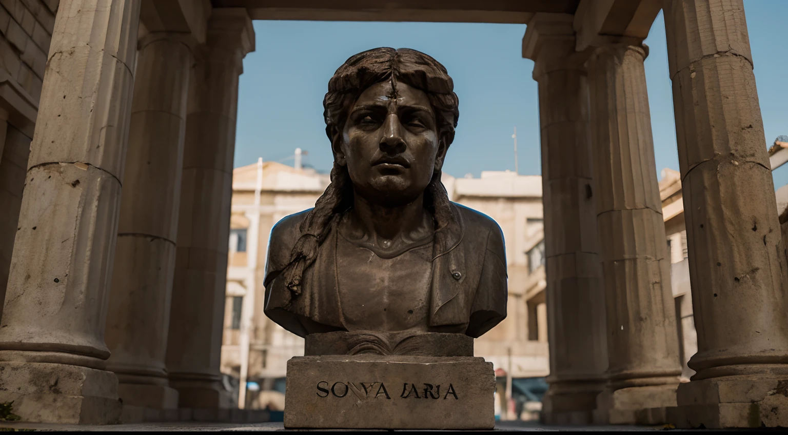 Ancient Stoic Statue With Very Angry Expression, tem barba, muitos detalhes em ambos os olhos, Outside, fundo atenas grego, open sky, com rosto extremamente detalhado full body view, Colors with low saturation with dark tone, Filmado em Sony A7S III com Sony FE 35mm f/1.8, 12.1 MP, --AR 3:2 --estilo cru