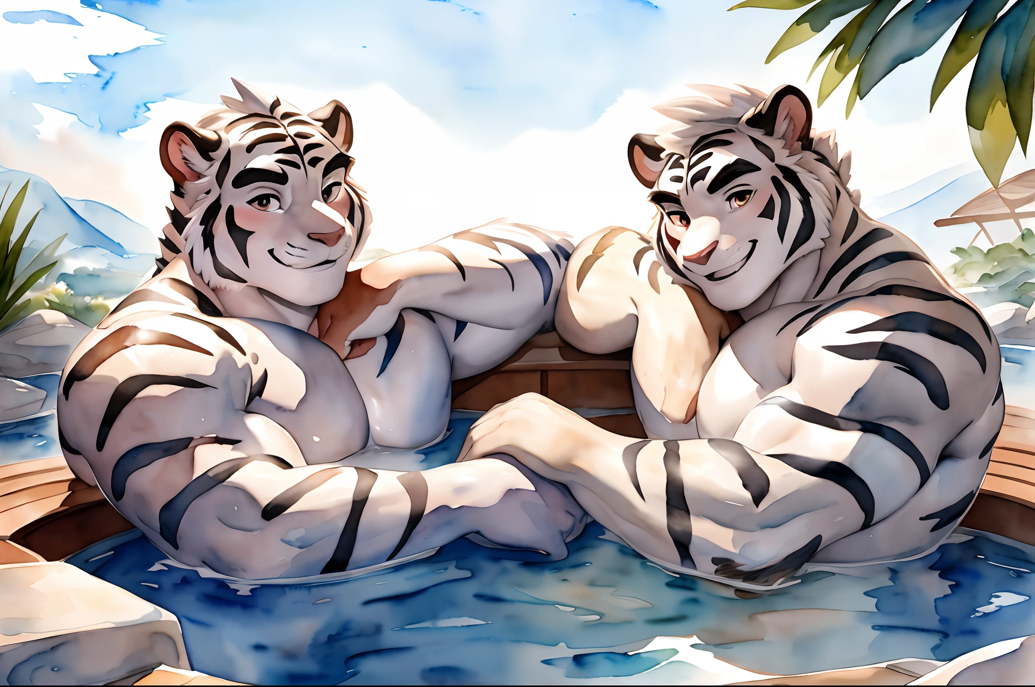 Hominidae, Pose for Camera. 4K, high resolution, Best quality, posted on e621, (Two anthropomorphic white tigers:1.2), Anthropomorphic white tiger, Two, male people, 20yr old, Thick eyebrows, Light blue fur, Strong body, large pecs, ((Shirtless)), They are next to each other, Soak in the hot springs together, medium bulge, Pink milk clusters, Recline in natural hot springs, Partially submerged, spread thighs, stretched action, (sport, Muscular, Heavyweight:1.2), Correct anatomy, (White background, Watercolor background:1.1), (by Chunie, author:Taran Fidler:0.8), (Detailed eyes:1.2), Sexy, (cel-shaded:1.2), cartoon shading, (aquarelle:1.2), Smile, Be red in the face, (view the viewer:1.2), Smile, Be red in the face, Gaze at each other