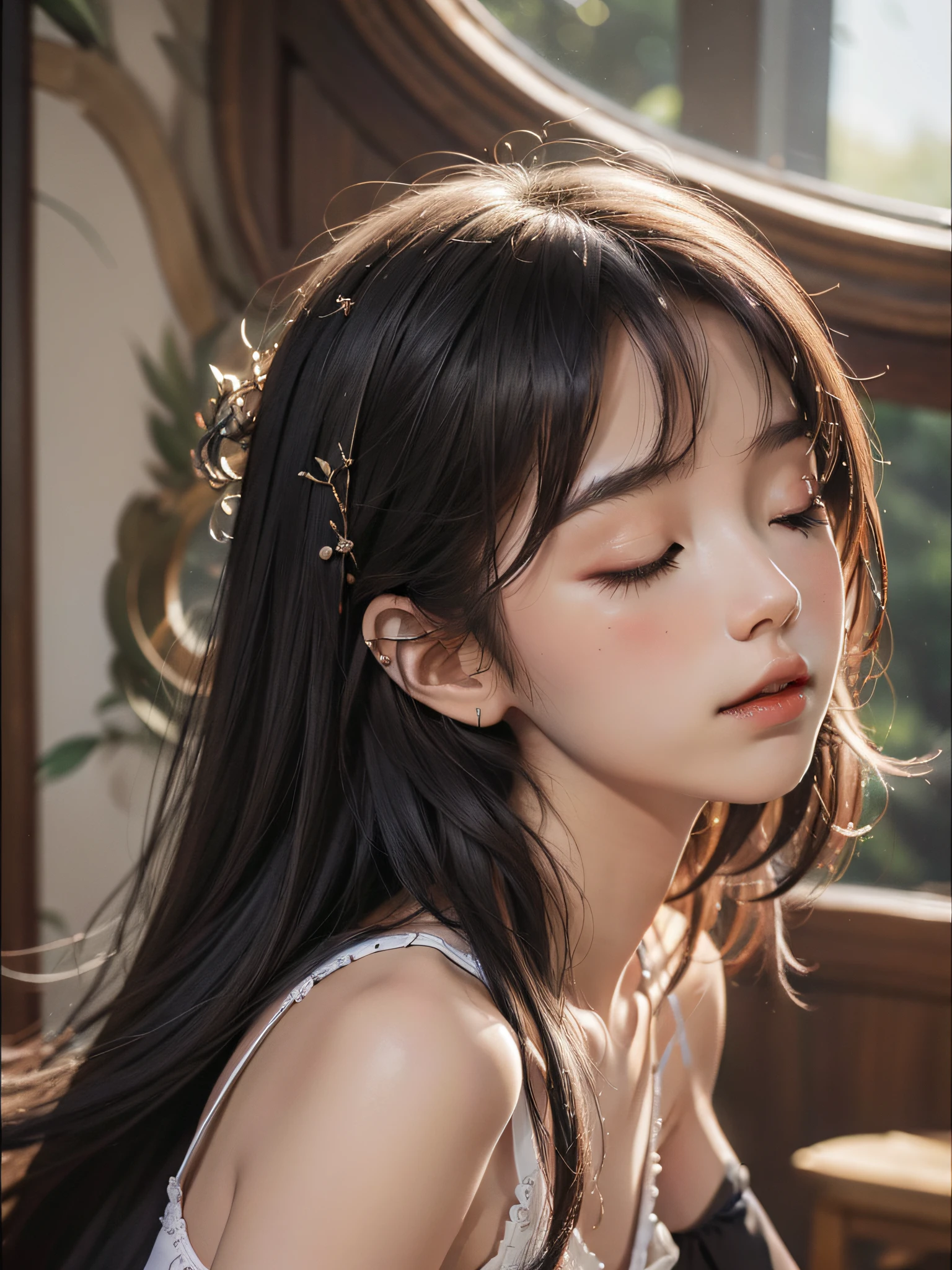 8yk、RAW photo、(masuter piece)、(finely best quality)、A high resolution、(girl)、(hentail realism、Photorealsitic:1.2), Upper body、Red camisole、facing up、Skinny、14years、small tits、Eyes closed、Deep sadness、Sorrow、Looking Up The Sky、Open mouth、screeming、a room、Background blur