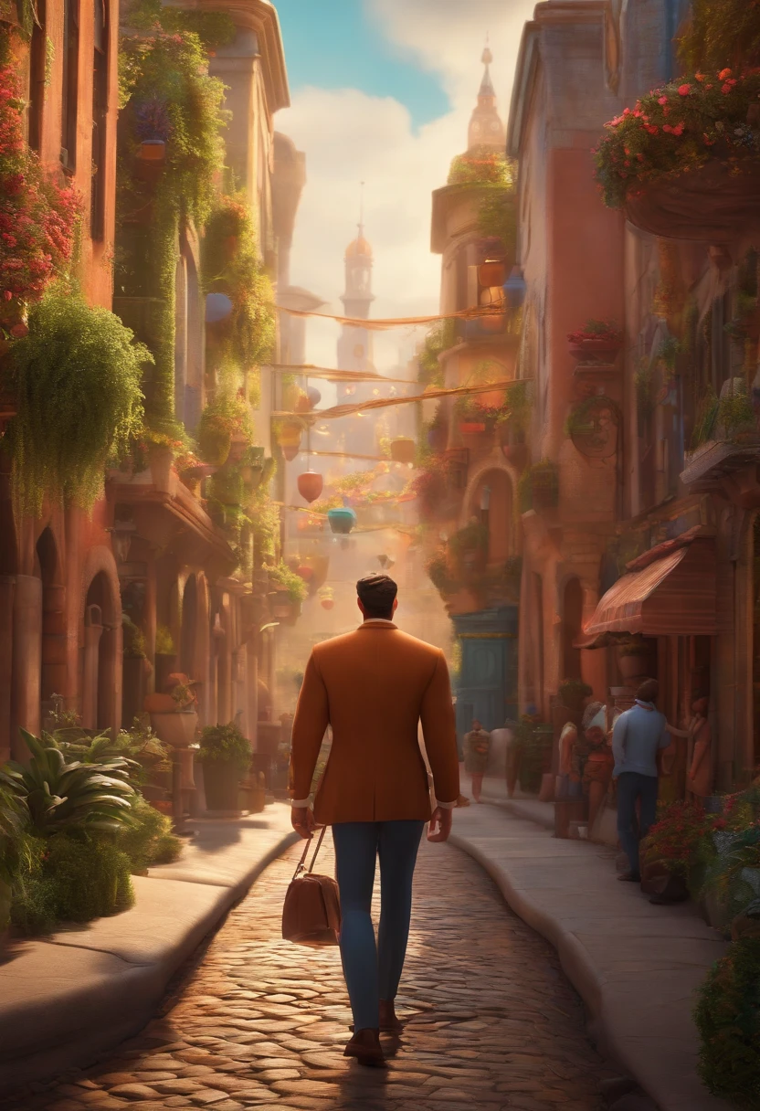 A city councilman looking at a dream project inspired by Pixar animation, de perto. The character takes center stage with captivating facial expressions, oferecendo um toque de irrealidade