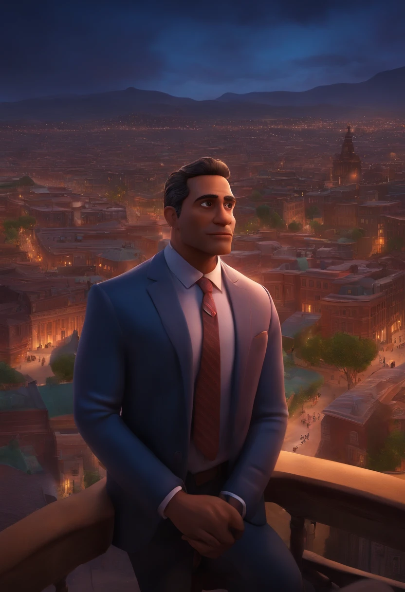 A city councilman looking at a dream project inspired by Pixar animation, de perto. The character takes center stage with captivating facial expressions, oferecendo um toque de irrealidade