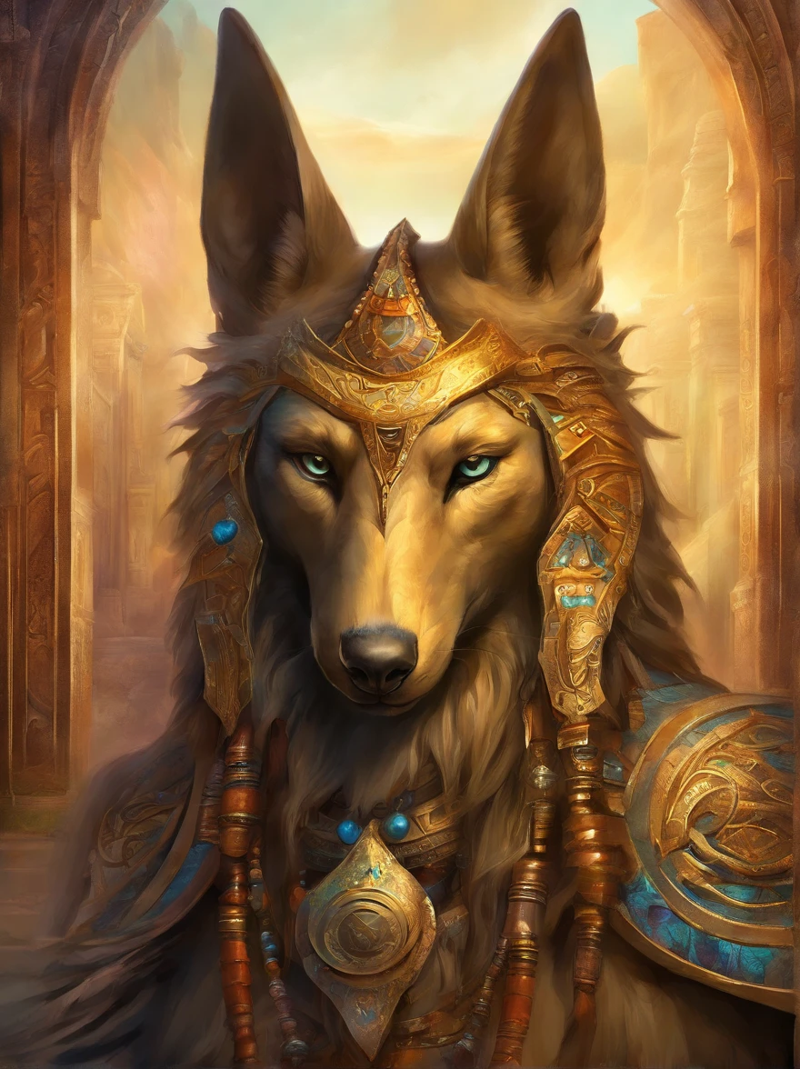 Crie uma imagem de rosto do deus chacal, anubis, antigo egito, foto detalhada e realista, pelagem preta com brilho azulado