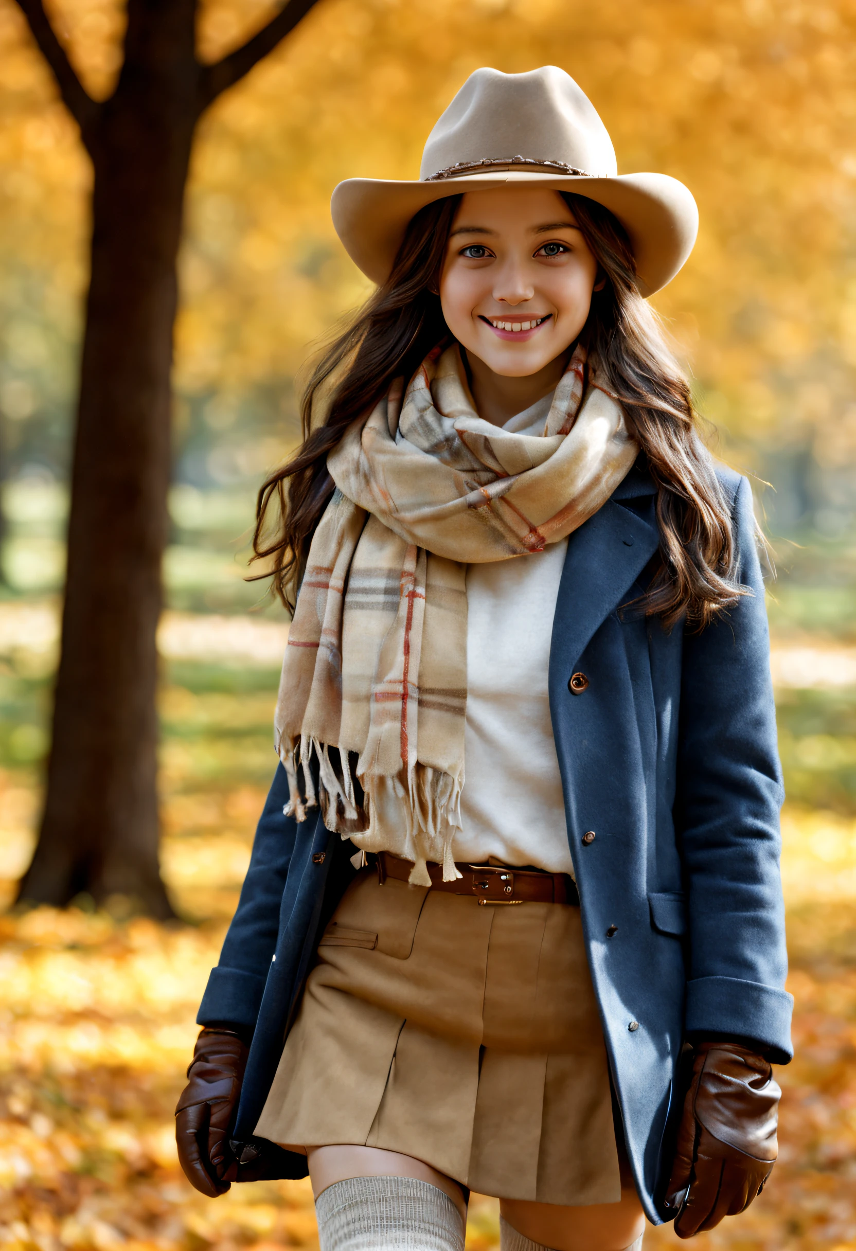 1 teenage girl, only, smiles, looks at viewer, long dark hair, light blue eyes, wears beige wool hat and scarf, gloves, short coat, brown plaid miniskirt and light wool high socks, bare thighs, walking through a park in autumn, falling tree leaves, (Masterpiece, Best quality), (Beautiful finely detailed eyes), (finely detailed eyes and detailed face), (landscape: 1.2), (Extremely detailed CG, Ultra detailed, Best shadow), Beautiful conceptual illustration, (illustration), (extremely fine and beautiful), (Perfect details), (Depth of field),Cowboy photo