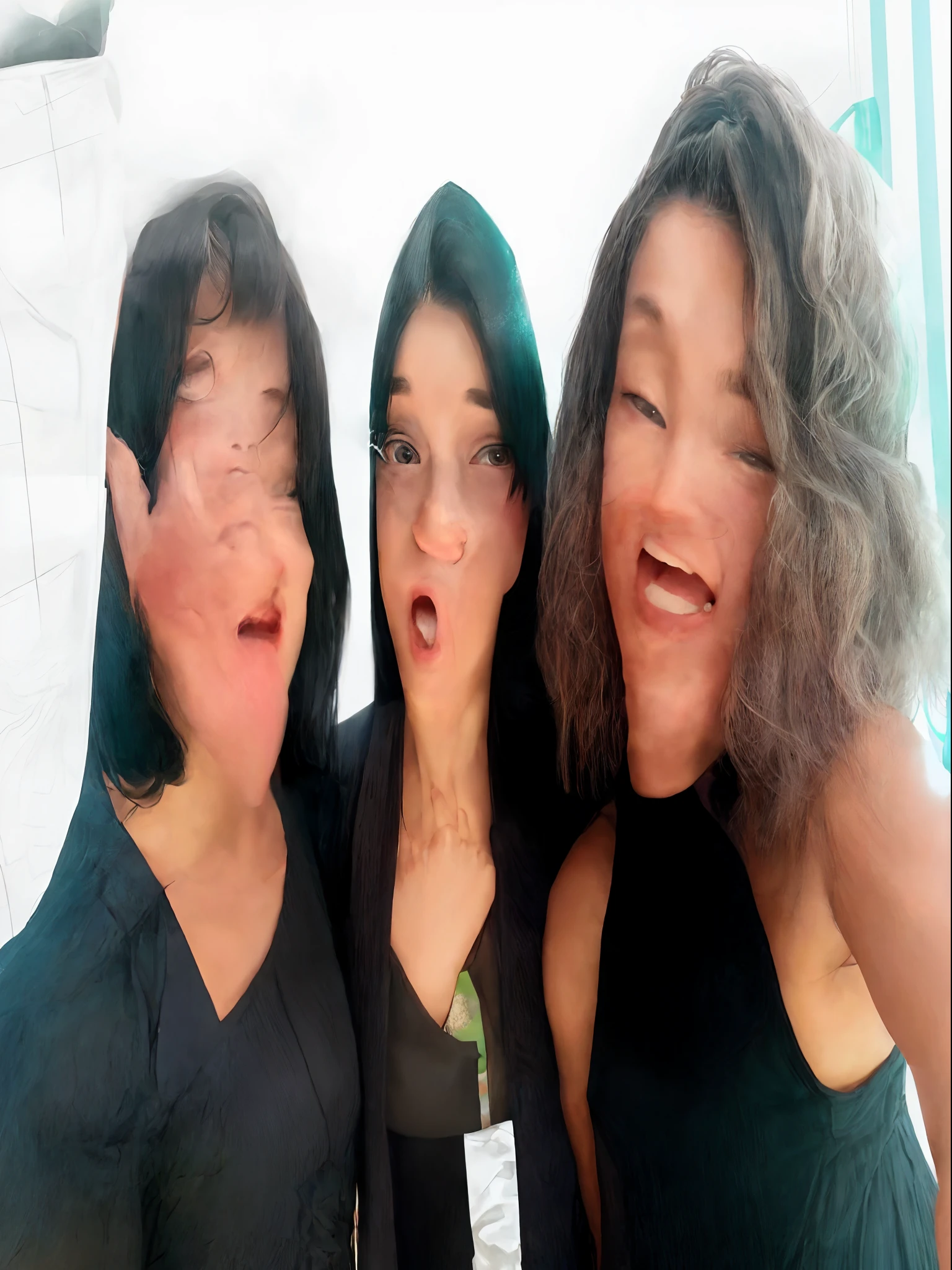 Three women pose for photo with their mouths open, funny faces, com rostos molhados!!, muito bobo olhando, cara de bobo, muito bobo, annoying sister vibes, non blurry, Blurry, funny and silly, non blurry, Roomies, Selfie!!!!!, Beautiful girls, ahhhhhhh, meninas fofas, caretas, Rindo