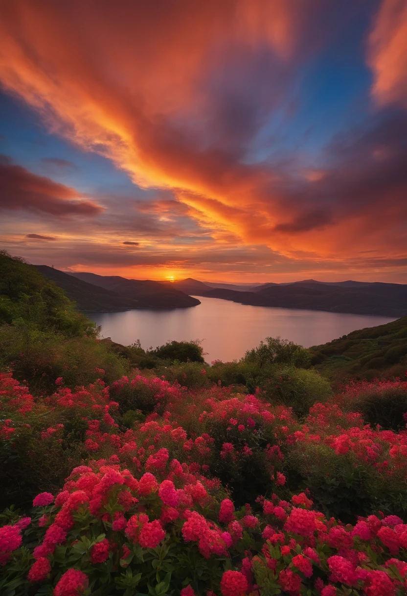 There is a beautiful sunset, The hillside is covered with flowers and plants, The flowers are up close, The colorful sky, as cores surreais, The colorful sunset, The colorful sky, The Wonderful Reflection of Heaven, The Incredible Sky, the fantastic 8K atmosphere, As nuvens coloridas, O reflexo da cor no lago, The Surreal Sky, o reflexo vermelho e azul, o reflexo do fogo, the beautiful sky, The beautiful and spectacular twilight, A bela paisagem dos sonhos, The Incredible Sky