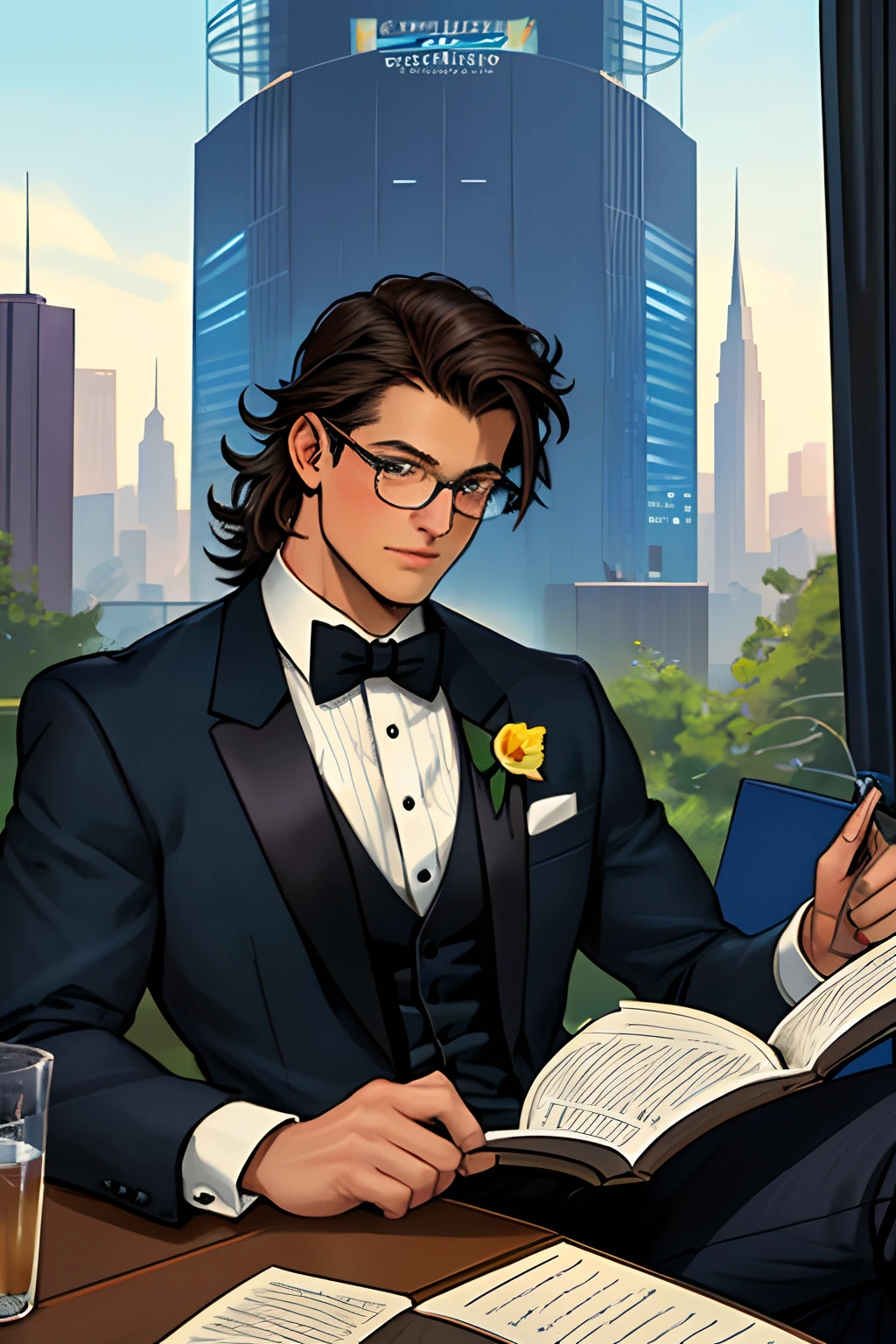 Draw a young man, sitting down reading a book about science fiction, the boy is muscular, has glasses, wearing a tuxedo, classic 80s hair, a big city full with car and people, with a gigantic Tower that says lexcorp.