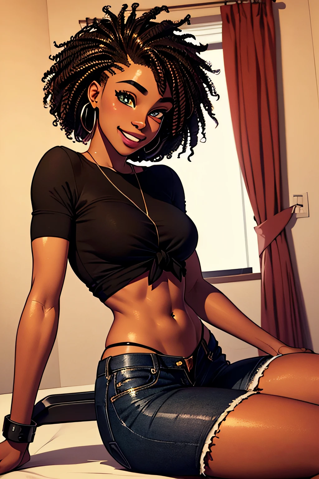 art by Ub Iwerks texavery, 1girl, ((dark skinned)) solo, navel, (((closed mouth))),  jeans looser low-slung, underboob, (plain loungeroom background), comic render, comic visuals, blacklight, 1girl, (multicolored hair:1.3) (small Afro), tattoo, best quality, ultra high res, (((gorgeous))), mature female, (comic art, comic effect style, comic coloring)