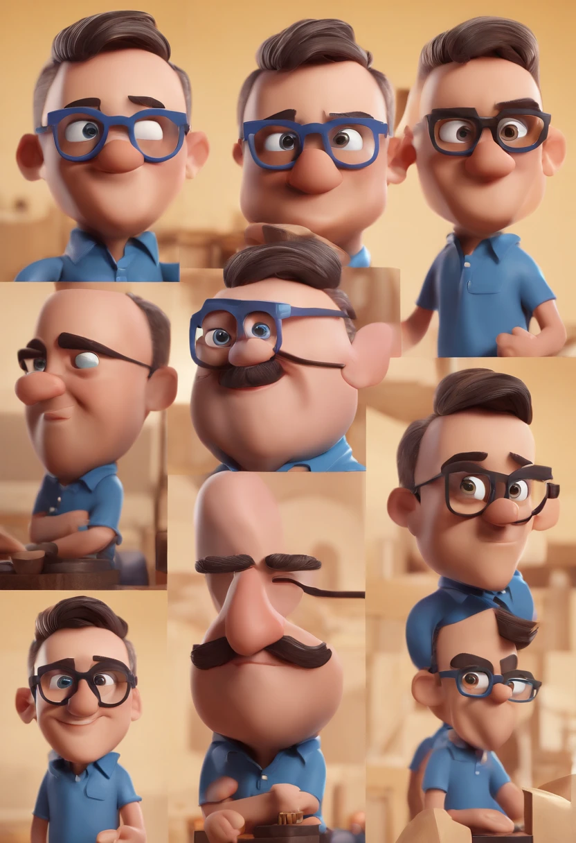 Cartoon character of a man with black glasses and a blue shirt, animation character, Caractere estilizado, animation style rendering, 3D estilizado, Arnold Maya render, 3 d render stylized, toon render keyshot, Personagem 3D, Personagem 3D, 3d rendering stylized, 3 d character render, personagem de desenho animado, Personagem de close up, Pose de personagem,  (Estilo Pixar) (master part:1.2) (Bokeh) (best quality) (pele detalhada) (textura detalhada) (8k) (argila) (Cinematic lighting) (foco nítido