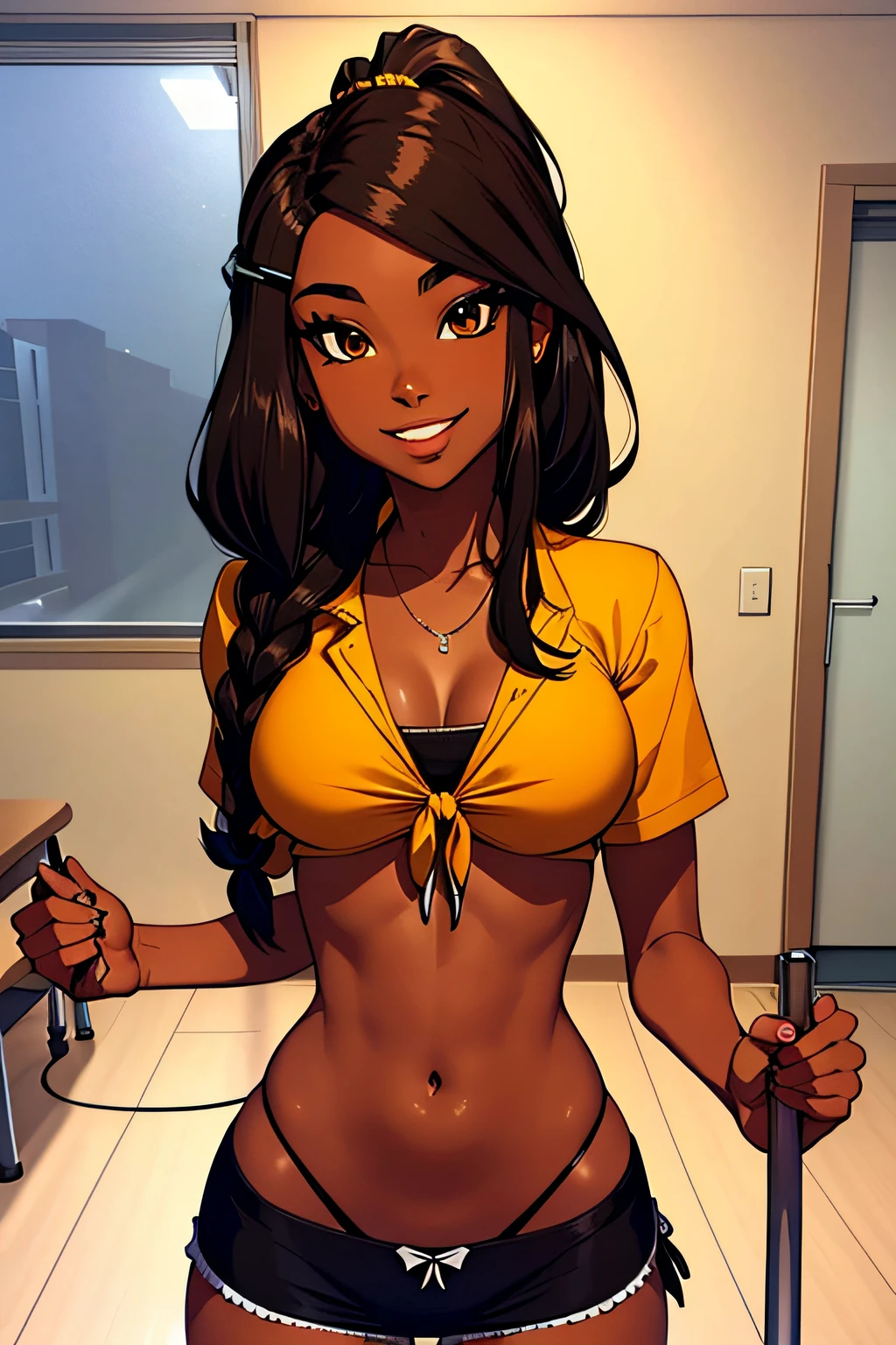 teenager School girl black woman (brown skin) with a slim body, hair on one side tied with clips, big smile and amber eyes