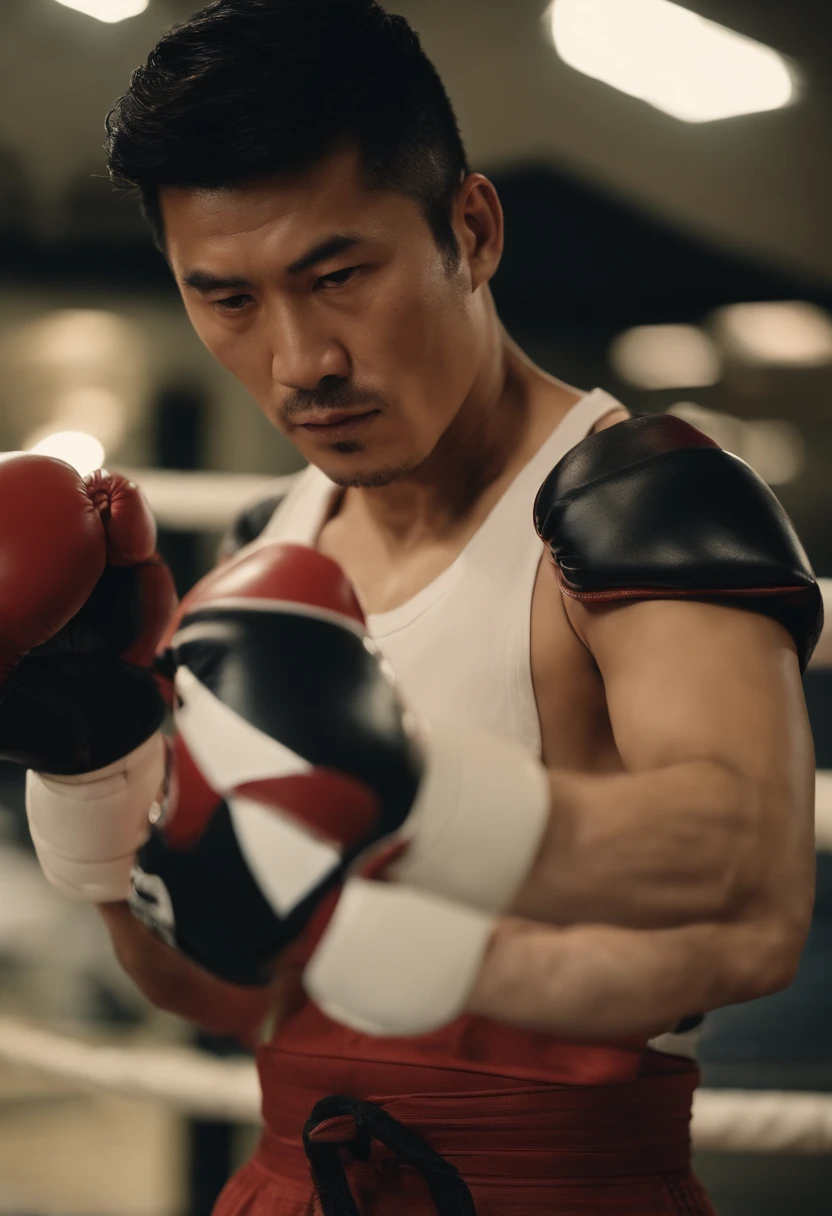 fighting game character, realistic sketch, concept art, human, bright color, boxing champion, red boxing gloves, white and red stripes trunks, shirtless, sweaty, American man, muscular!!!, (bara), hunk, burly, short crew cut hair, black hair, facial hair, on plain white canvas, rough, thin lines, 4k, splash art, sharp focus, volumetric lighting