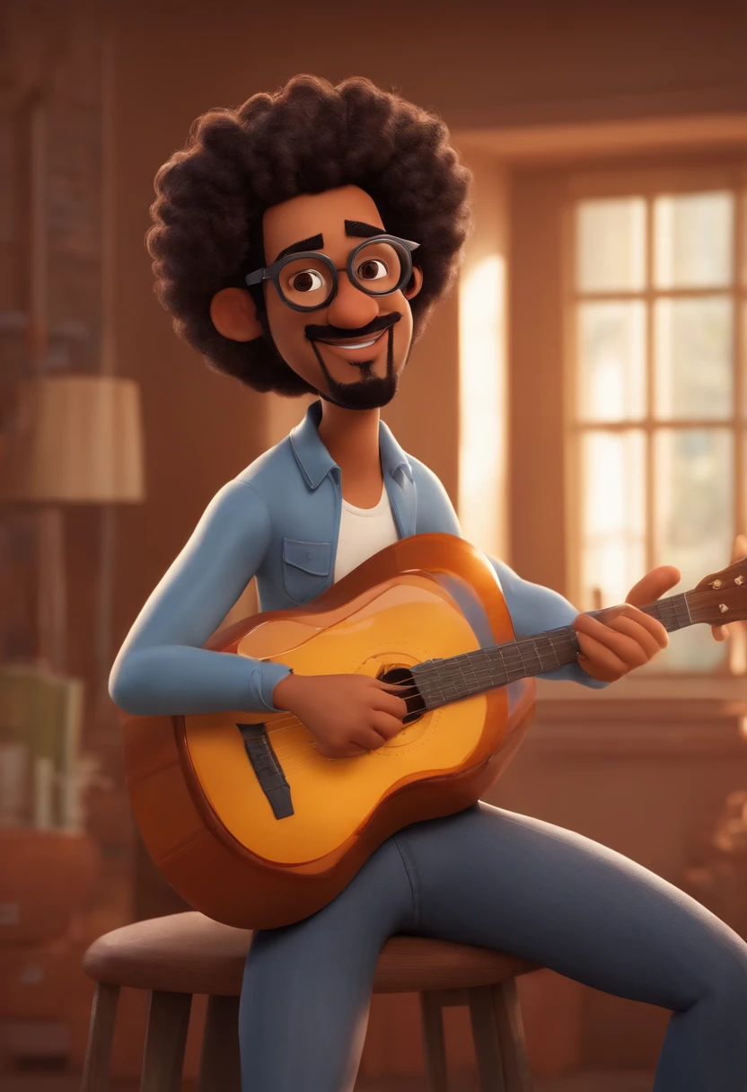 Criar um post estilo Pixar, um homem 20 anos com bigode aparado e cavanhaque e cabelo dreadlock, Black Frame Prescription Glasses with Hoop Earrings on Ears Pircing on Tank Top Nose Tattoo Playing Classical Guitar