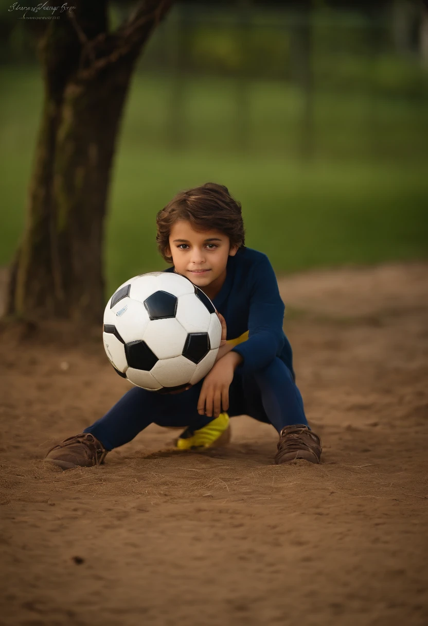 Create an image of a boy playing soccer on a dirt field