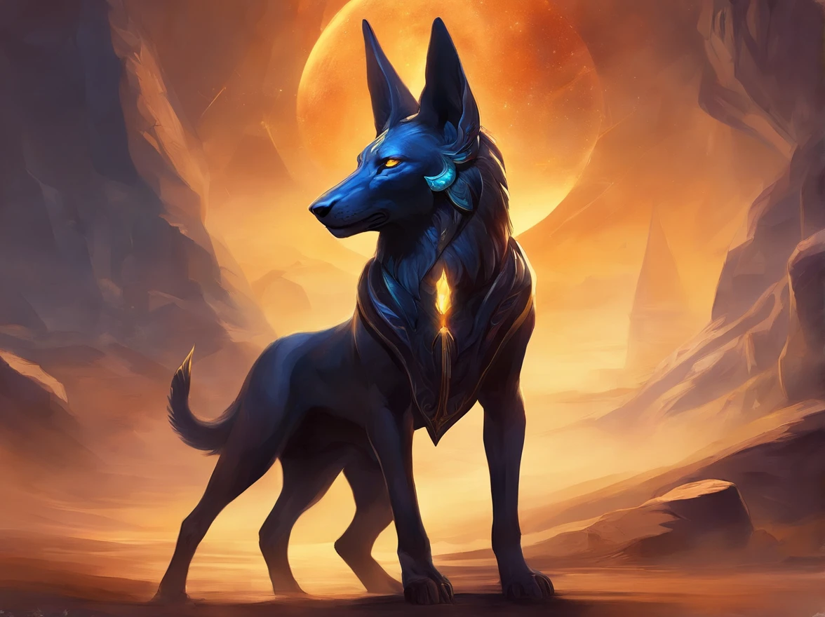 Crie uma imagem de rosto do deus chacal, anubis, antigo egito, foto detalhada e realista, pelagem preta com brilho azulado