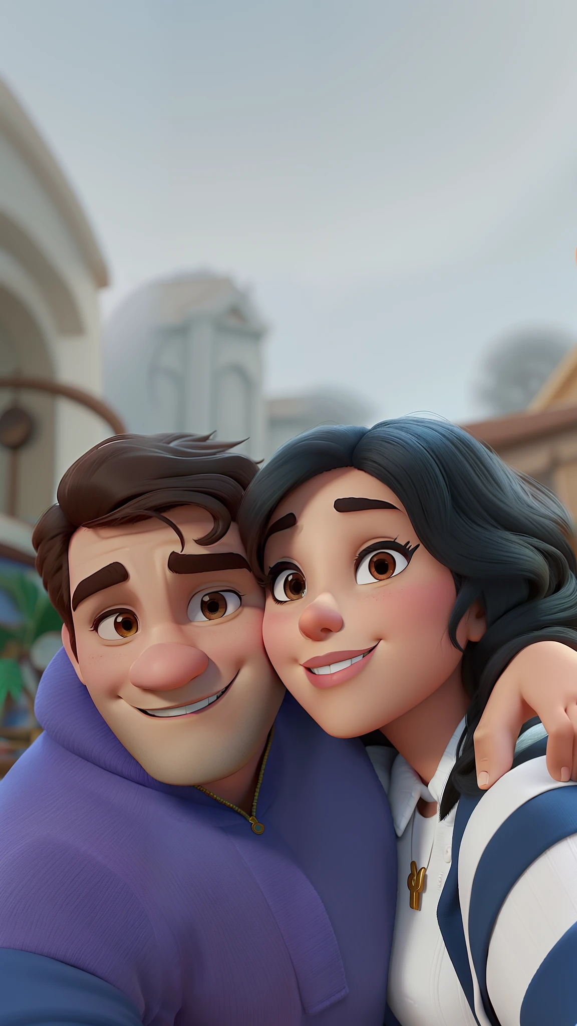 Casal (homem branco e mulher morena acima do peso) no estilo Disney Pixar, alta qualidade, melhor qualidade.