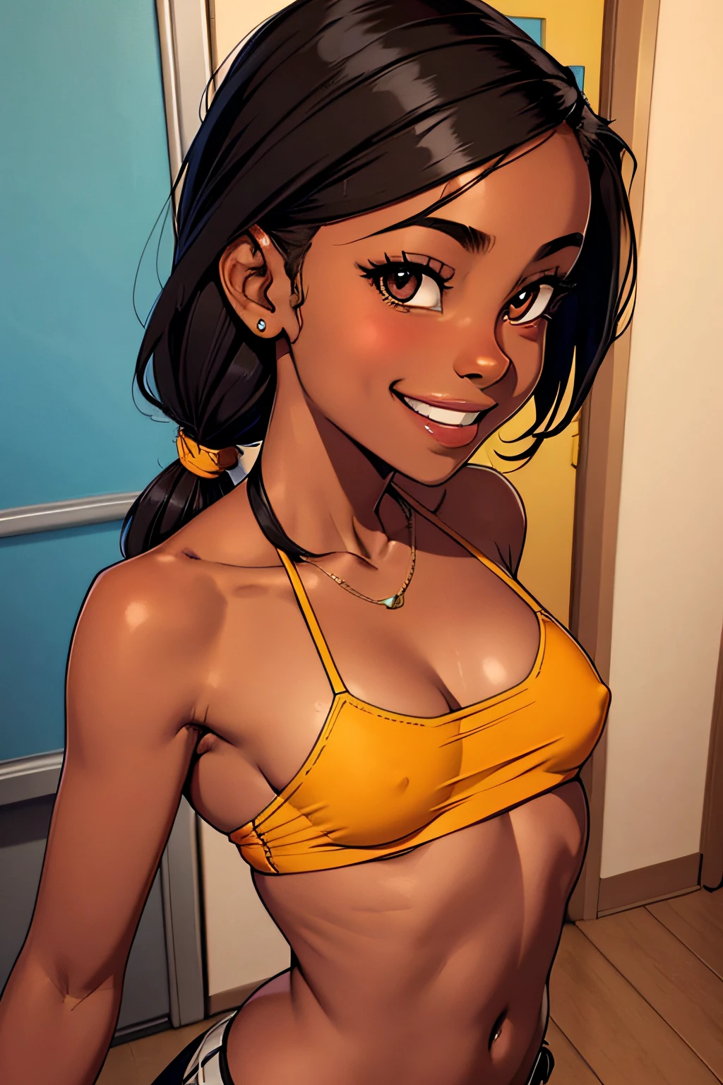 Kid school girl with black skin (brown skin), slim body, flat boobs, flat ass, hair on one side tied with clips, big smile and amber eyes