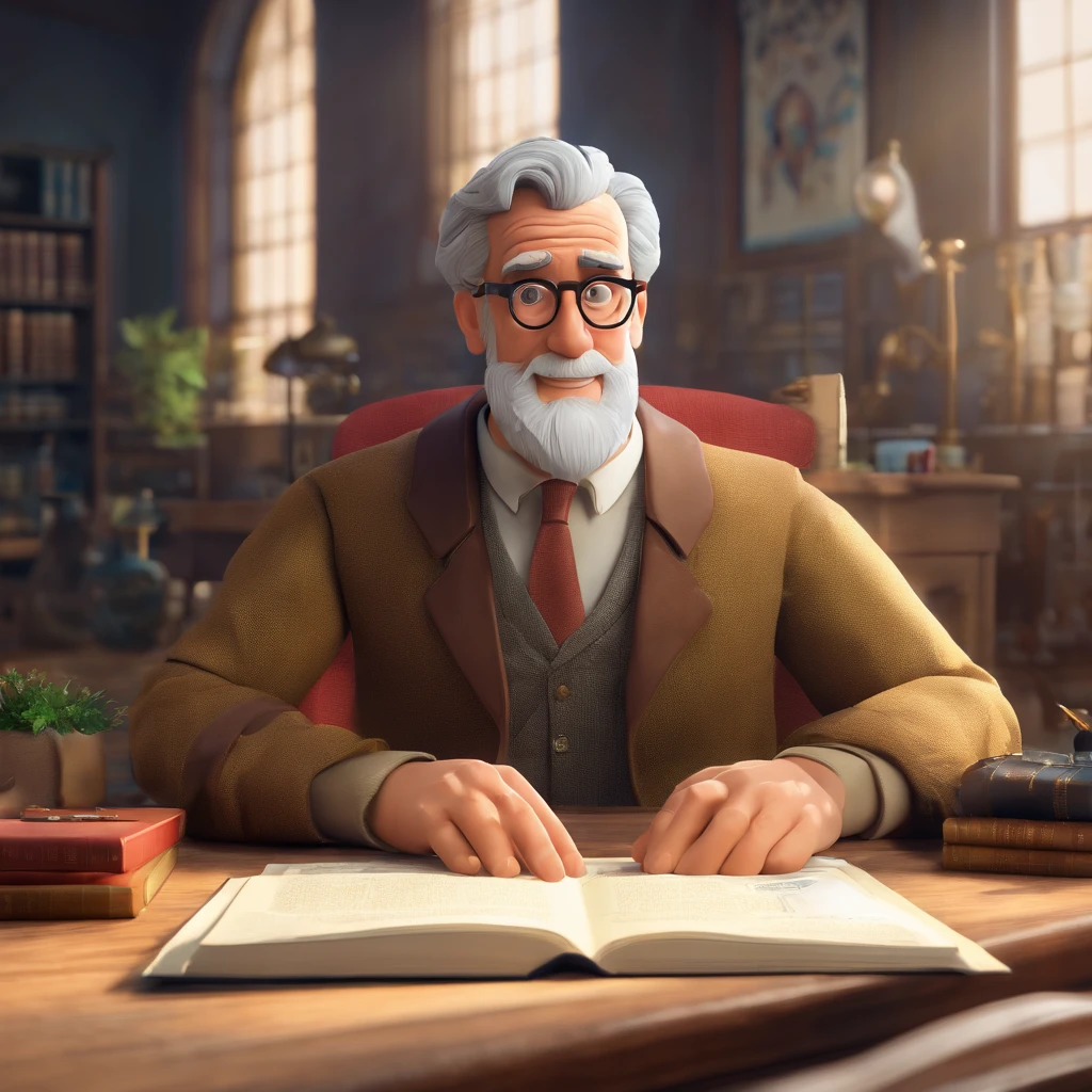 Crie um cartaz inspirado na Disney Pixar com o personagem sendo o pastor Rubens Janier, A gray-haired man wearing glasses, in an office with a Bible on the table, Looking forward and serious