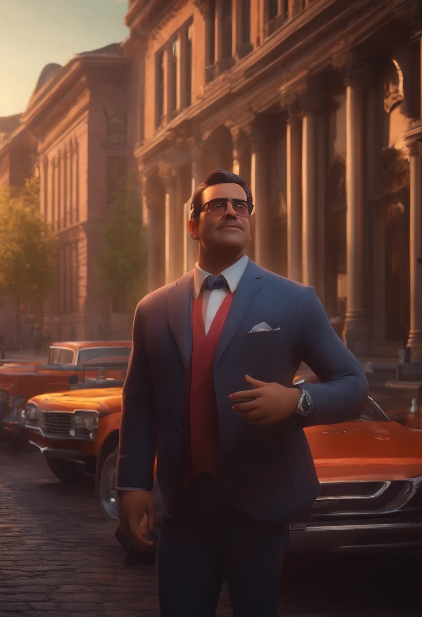A city councilman looking at a dream project inspired by Pixar animation, de perto. The character takes center stage with captivating facial expressions, oferecendo um toque de irrealidade