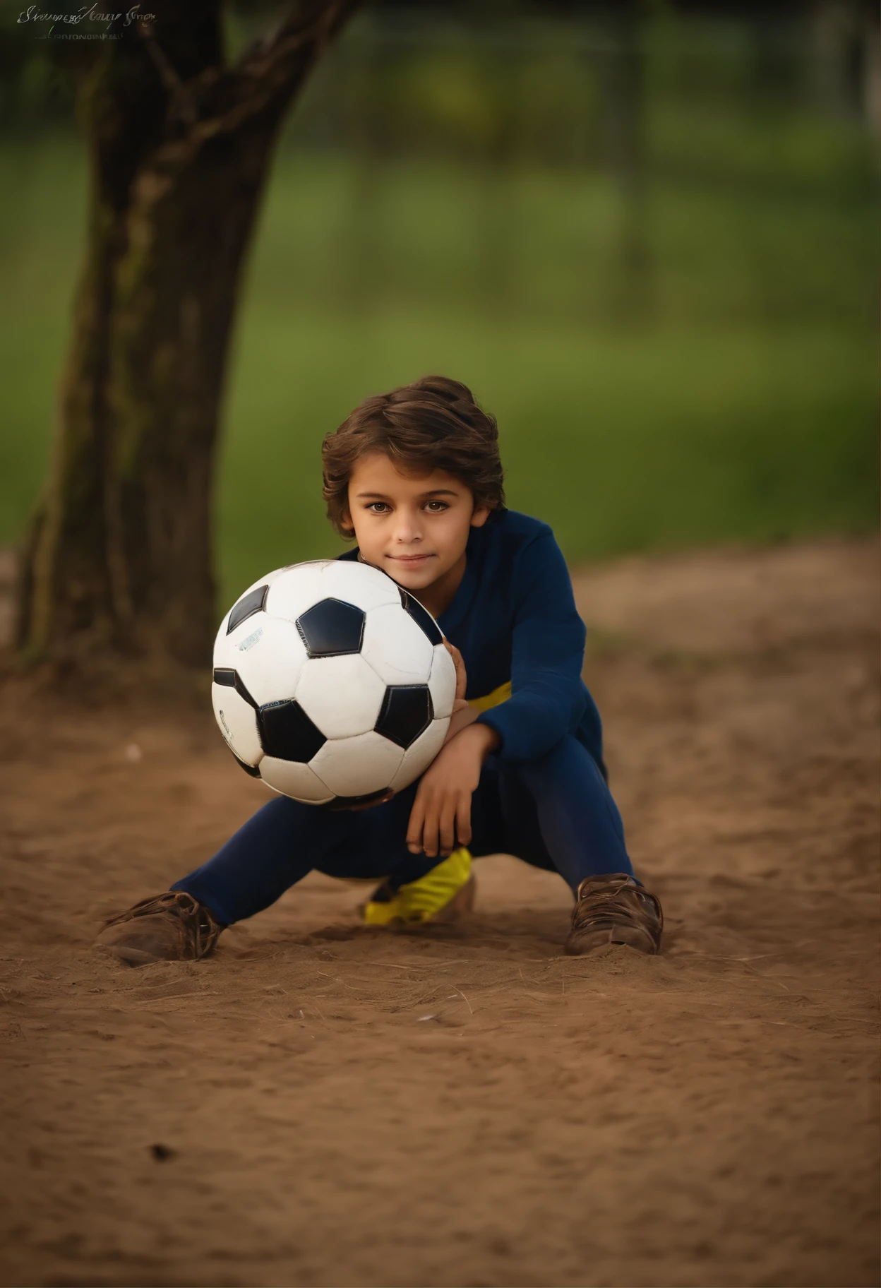 Crianca 11 anos , magro , cabelos curtos castalho claro , olhos cor de mel , soccer ball on foot