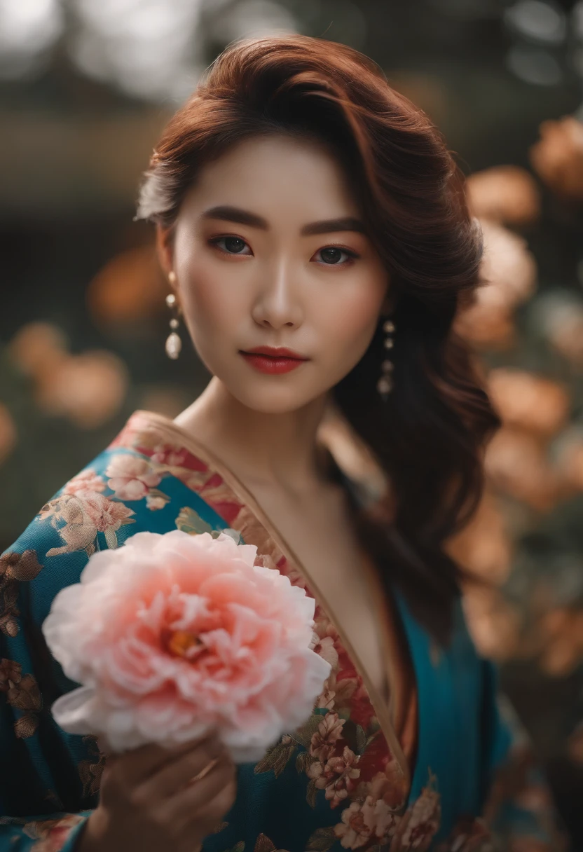 Output a portrait photo of a Japan influencer holding a single flower