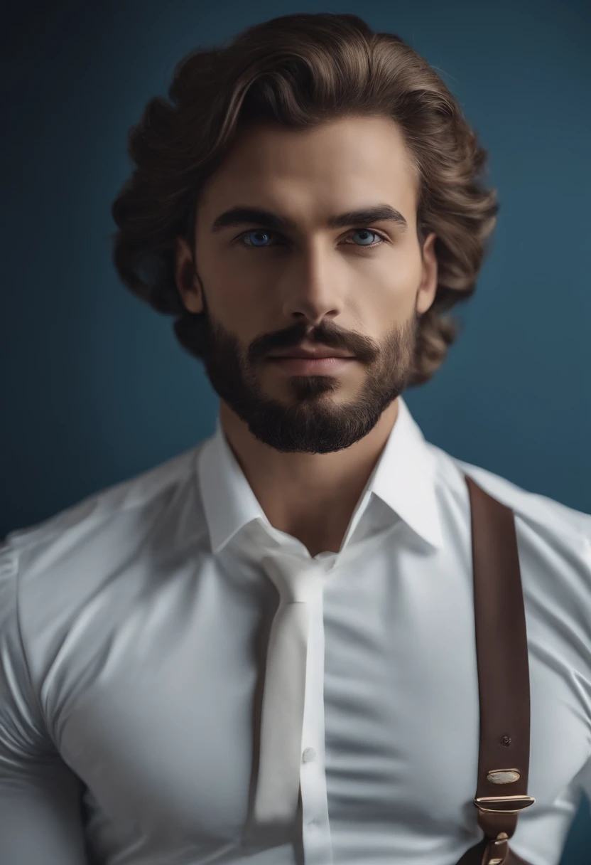 (Homem com roupa elegante), ), (usando barba longa e cheia,) (olhos azuis) (retrato) Attractive and serious look, Cabelos castanhos escuros, Elegante e elegante, e camiseta de corpo forte, (imagem realista e de alta qualidade), in the background Scandinavian apartment with design furniture and with blue wall color in the background, ((best quality, 8k, master part).