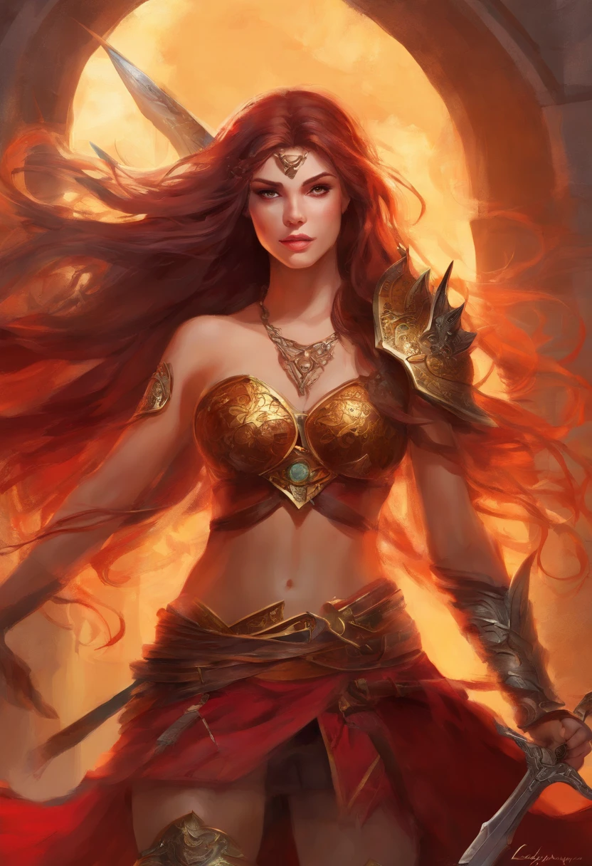Mulher guerreira ruiva, cabelo longo, red leather bikini, braceletes de metal, espada medieval.
