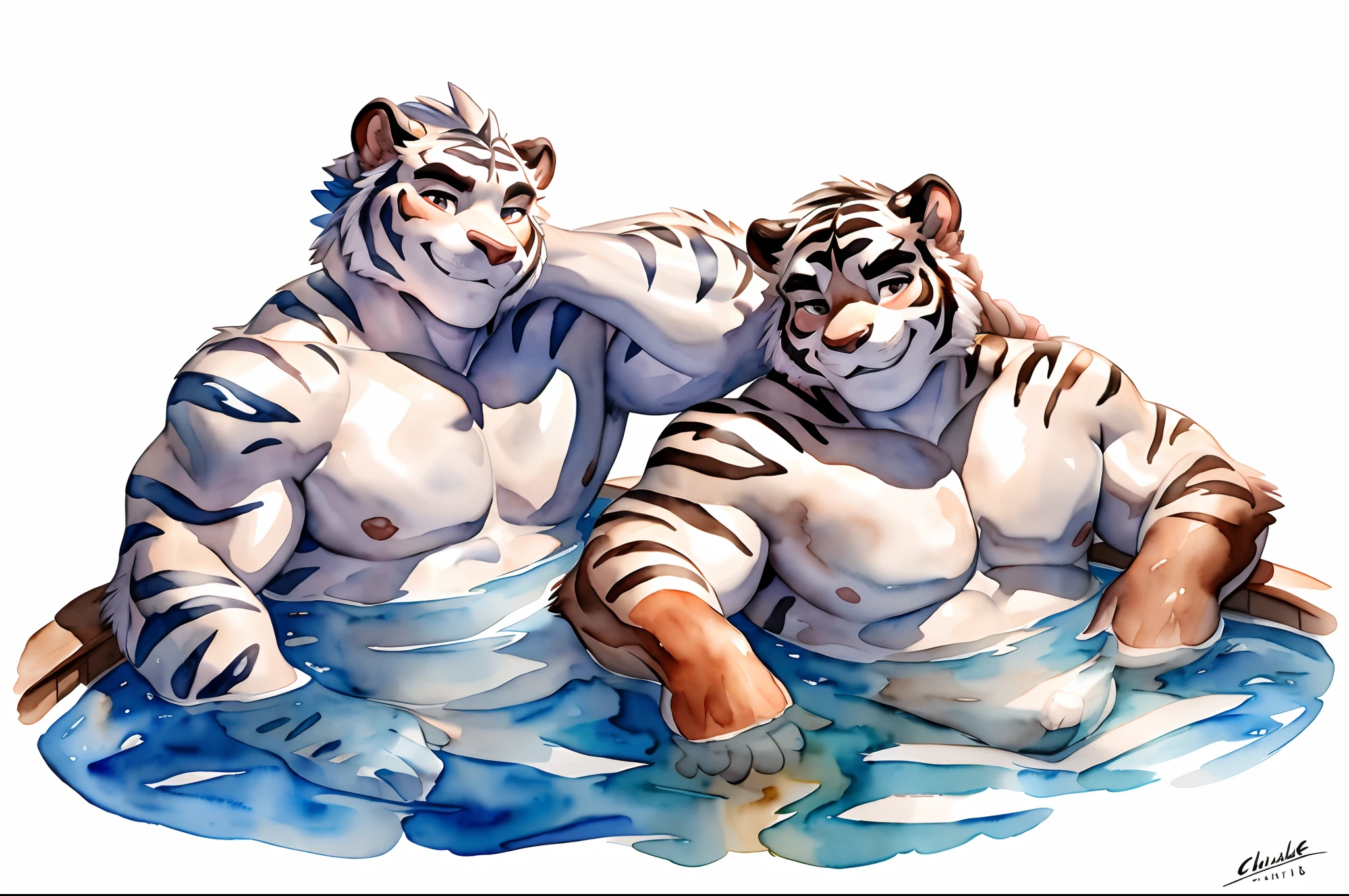 Hominidae, Pose for Camera. 4K, high resolution, Best quality, posted on e621, (Two anthropomorphic white tigers:1.2), Anthropomorphic white tiger, Two, male people, 20yr old, Thick eyebrows, Light blue fur, Strong body, large pecs, ((Shirtless)), They are next to each other, Soak in the hot springs together, medium bulge, Pink milk clusters,  Recline in natural hot springs, Partially submerged, spread thighs, stretched action, (sport, Muscular, Heavyweight:1.2), Correct anatomy, (White background, Watercolor background:1.1), (by Chunie, author：Taran Fidler:0.8), (Detailed eyes:1.2), Sexy, (cel-shaded:1.2), cartoon shading, (aquarelle:1.2), Smile, Be red in the face, (view the viewer:1.2), Smile, Be red in the face, Gaze at each other