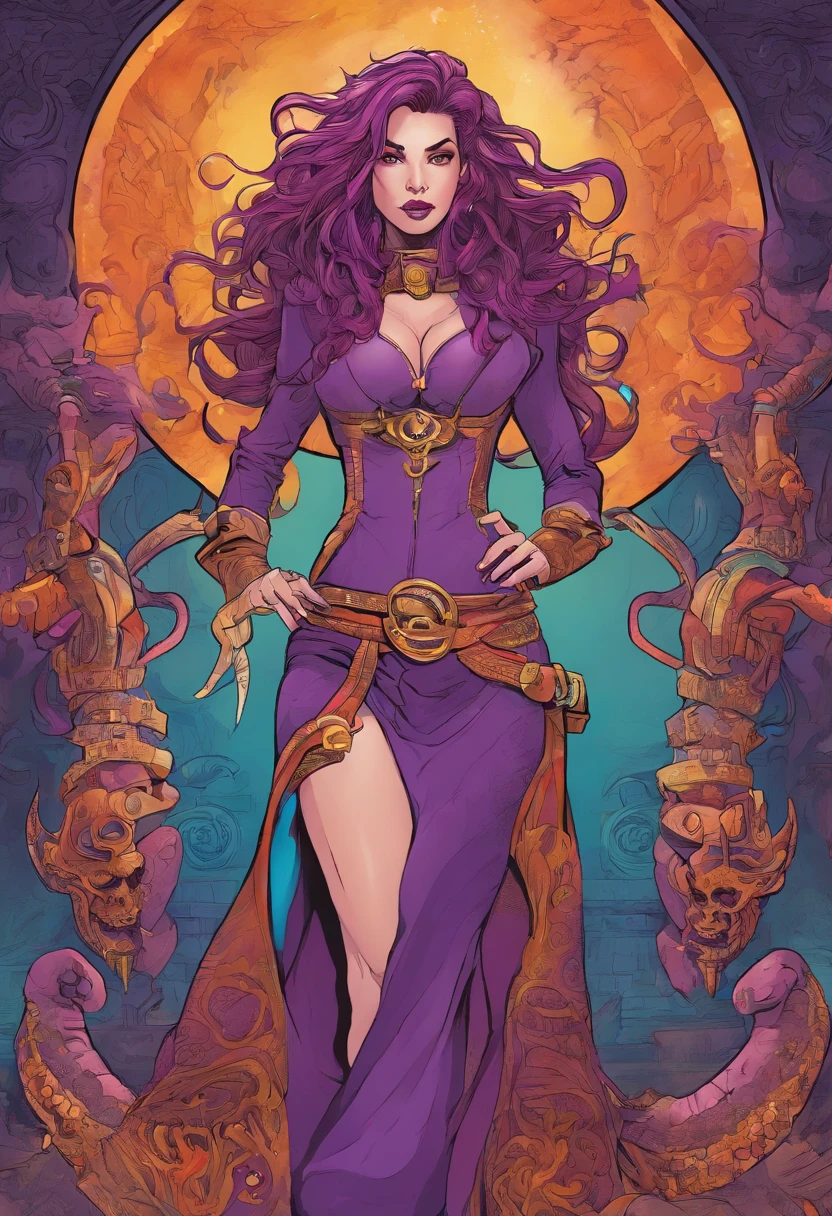 Arte conceptual, character design, Altamente detallado, alta calidad, Color diffusion, Primer plano, demonic creature, Criatura interdimensional, criatura femenina, Dark Purple Human Skin, tentacle hair, rastas, purple eyes, villana sexy, Monstruo seductor, Criatura lujuriosa, sexy atrae, Fantasy clothing, Sci-fi theme