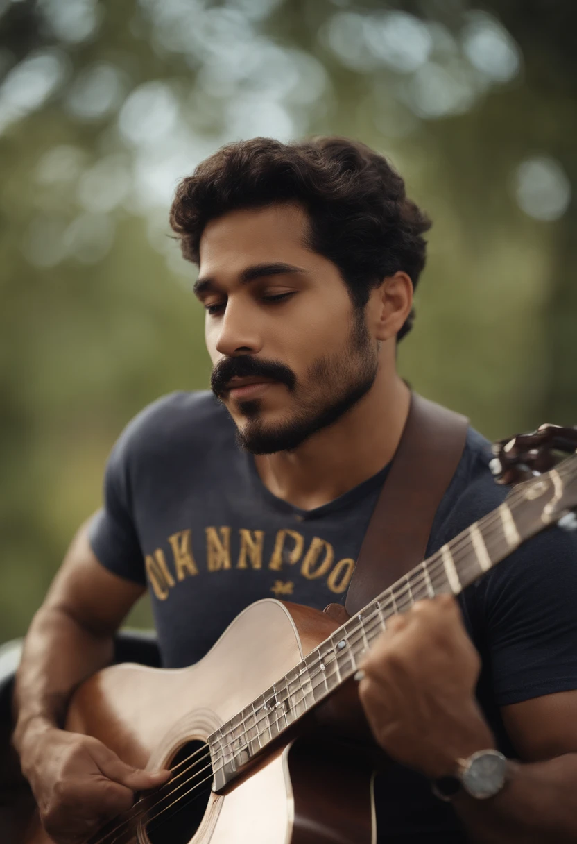 crie um banner no estilo Pixar. A man with Brazilian features, musculoso, Asian eyes, wearing goggles, usa bigode fino, moreno pardo com cabelos raspados, Castanhos escuros e levemente acinzentados, usando roupa de rapper, Wearing jeans and holding a classical guitar with 7 strings.