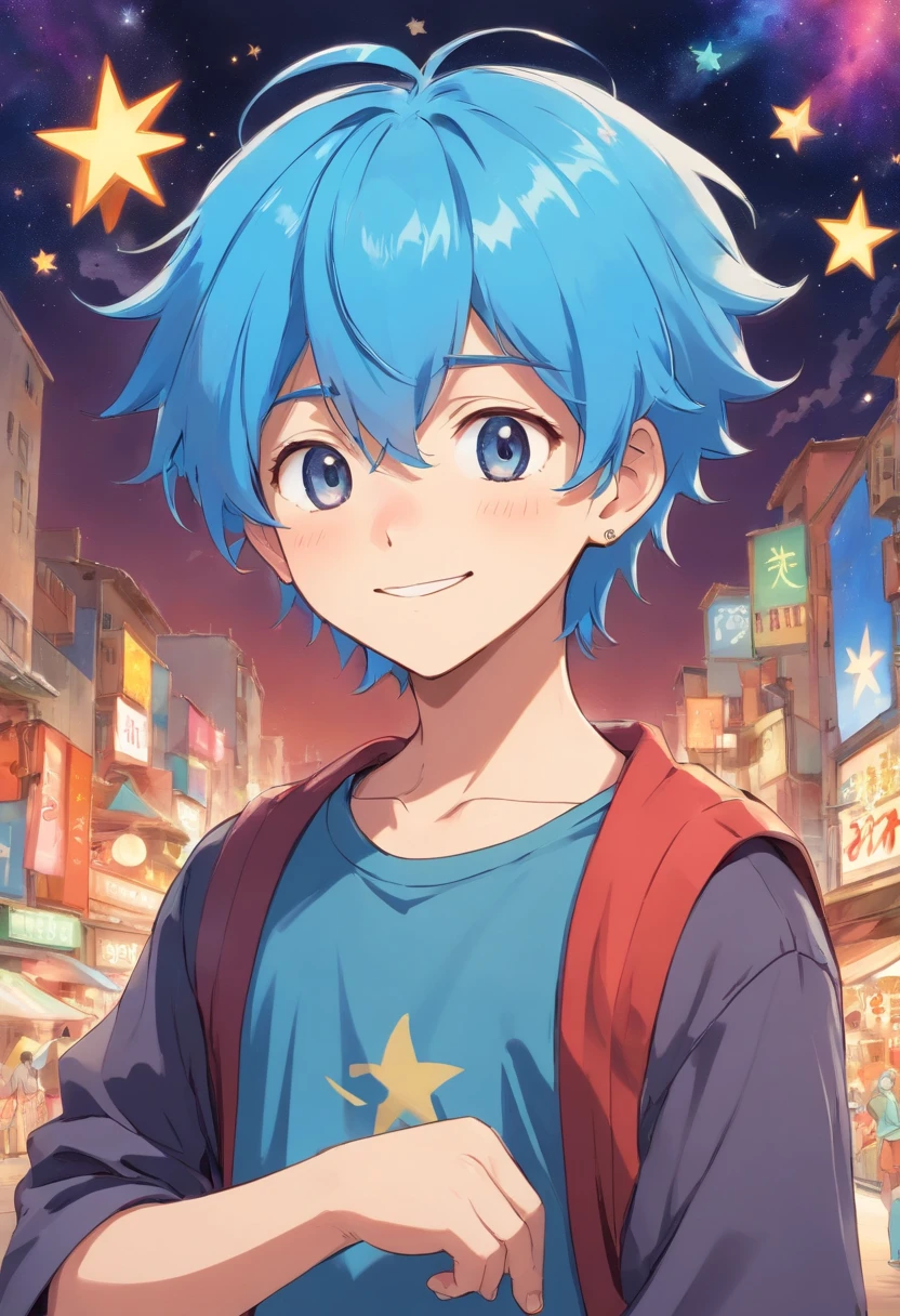 a boy with closed eyes smiling softly and calmly forward, He has blue hair and a beautiful face of a 23 year old boy. his clothes are Y2k style and he has a little star earringold, he has the art style of Gege Akutami and Ken Wakui at the same time
