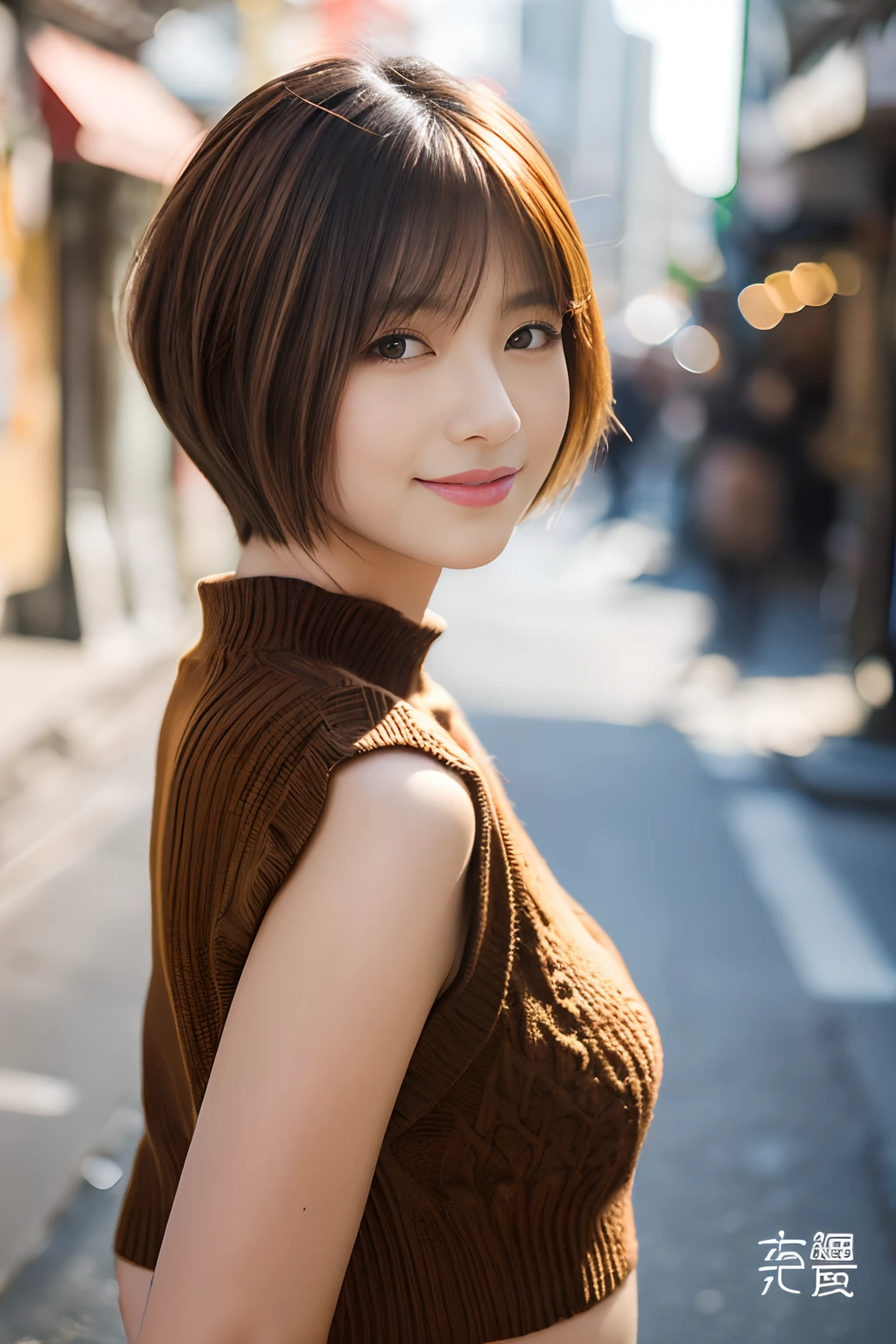 ((top-quality、in 8K、masterpiece:1.3))、foco nítido:1.2、Beautiful woman perfect body:1.4、Slim abs:1.2、((Very short hair:1.2))、(Dark Orange Knitwear、denim:1.1)、(Sateen、a street:1.2)、wetbody:1.5、Three-dimensional texture、A detailed eye、Brown hair、Very shiny hair、posterior view、Hair quality improvement、Handsome short、Short-haired blonde