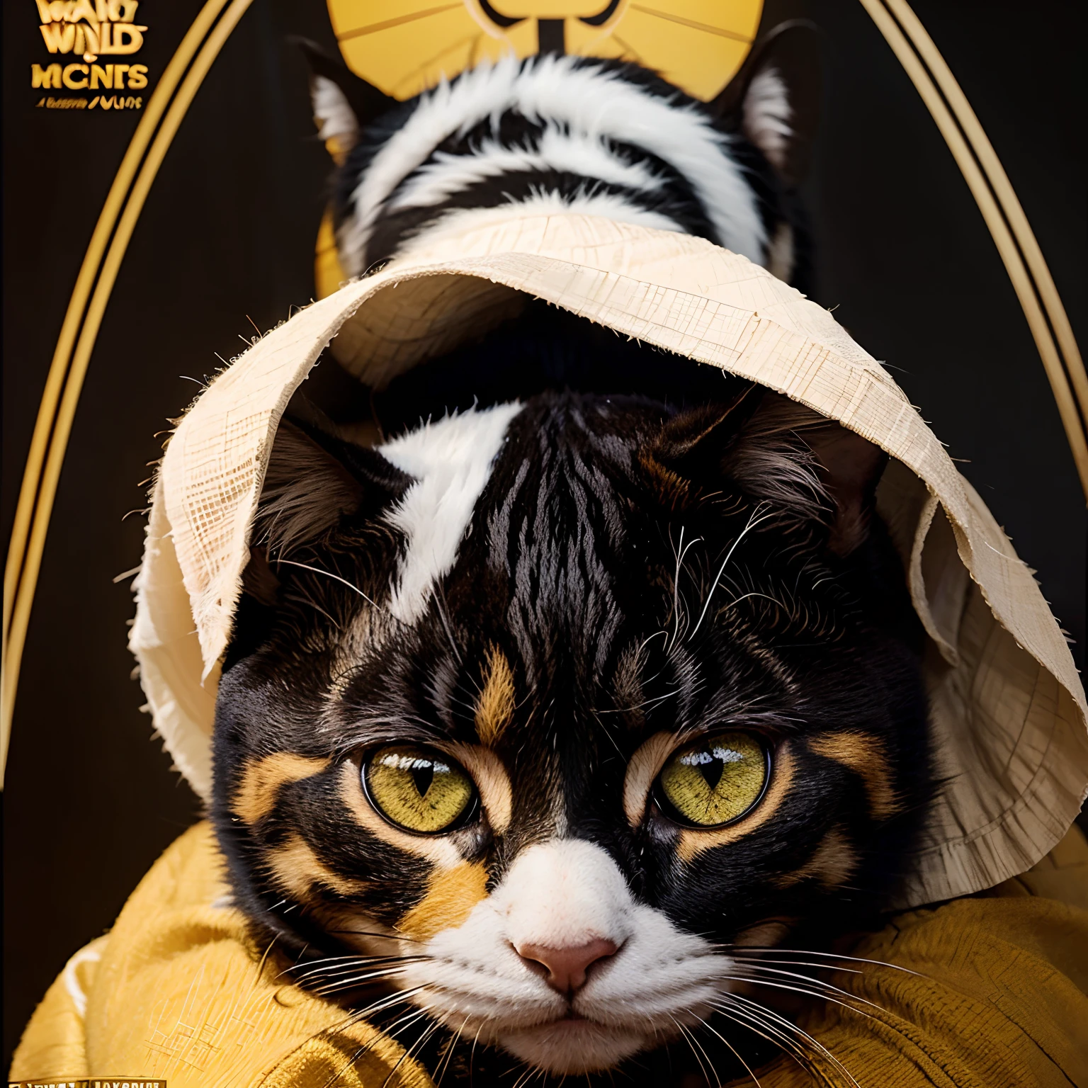 a disney pixar movie poster titled "hiccup" in the image, include a arabian mau black and white cat with yellow eyes and a black collar