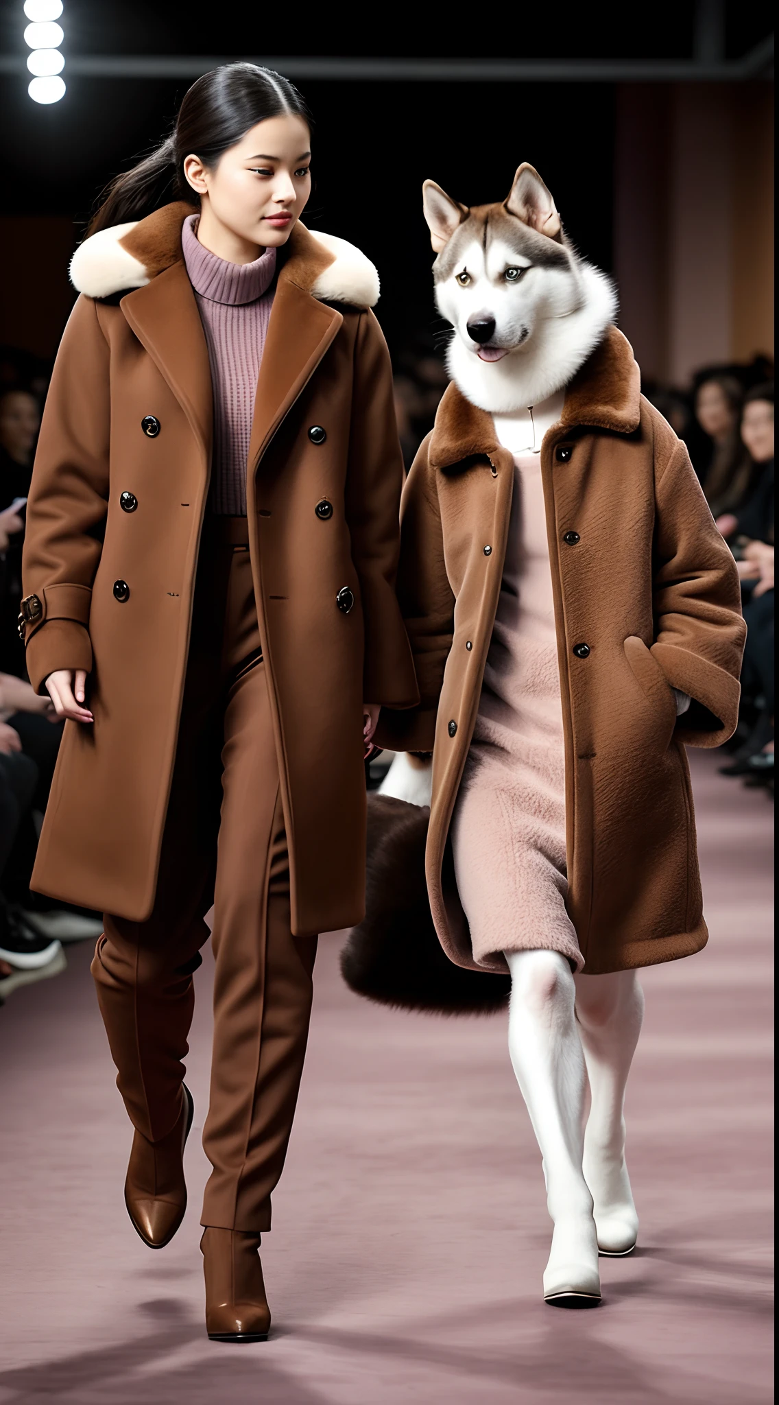 （Husky in a brown coat and a  girl in a brown coat on the runway）, （full bodyesbian：1.37） ， （Wearing a brown jacket），（Husky dogs：1.3），doggy，doggy ，Brown jacket，Brown jacket，Brown jacket，fur attire, fluffly，Wearing a pink dress，（Huskies wear the same brown coat），gucci catwalk, catwalks, walking down the catwalk, highly fashionable,!!! Husky puppy! 2 0 2 0 fashion, gucci clothes, catwalk photo, Furry style