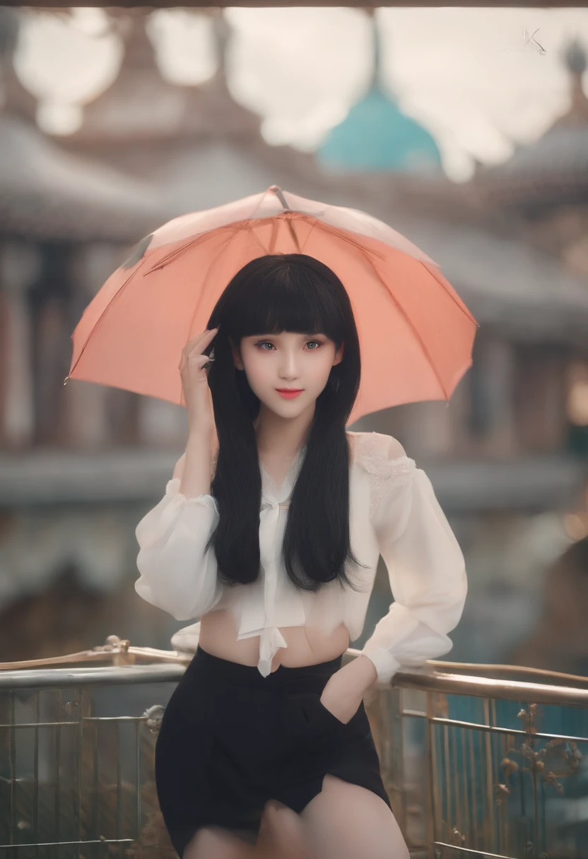 black hair, hair bobbles, wince, longeyelashes, solid circle eyes, fake animal ears, light smile, ear blush, fang, Surrealism, drop shadow, anaglyph, stereogram, tachi-e, pov, atmospheric perspective, 8k, super detail, ccurate, best quality
