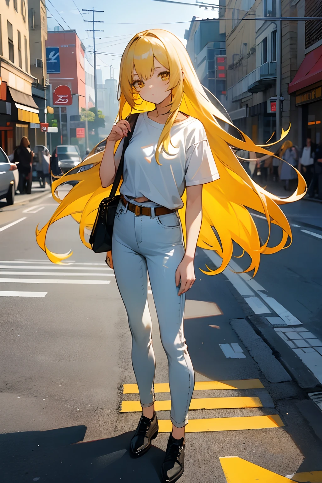 White anime girl, long yellow hair, yellow eyes, white t-shirt, gray jeans, leather belt, black shoes, leather shoulder bag, standing, neutral face, looking to the viewer, in the middle of street, sunny day.