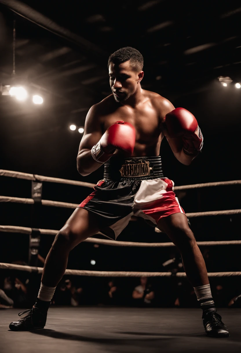 Photo of a man in boxing position with a belt, Acelino POPO DE Freitas| BRASILEIRO LUTADOR DE BOXE PROFIVIONAL, ( CORPO INTEIRO), CORPO FITNESS, (TRINCADO), COM SANGUE NOS OLHOS, ROSTO MACHUCADO, (SORRINDO), (DENTES PERFEITOS, E FACE PERFEITA).