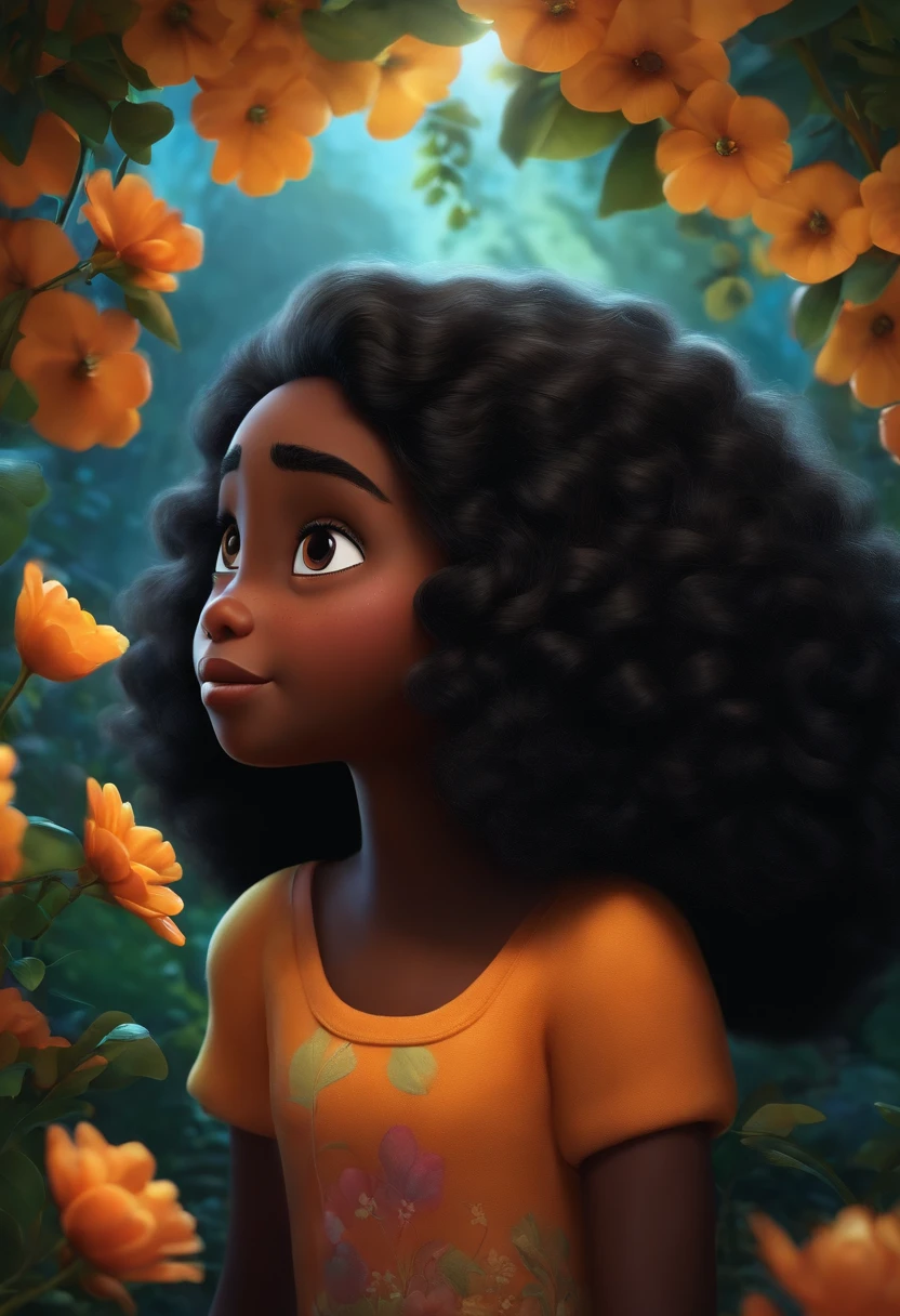 Um filme inspirado na Disney Pixar (MENINA NEGRA JOVEM COM CABELO medio CACHEADO PRETO sorrindo de olhos castanhos) dentro A cena estar na arte distinta do estilo PIXAR, descolada e estilosa