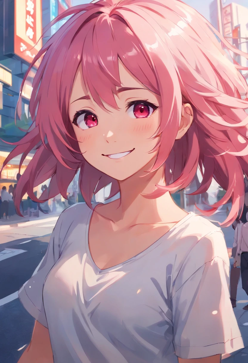 anime girl smiling, pink hair, messy hair, red eyes, cute face, girlfriend look, white top, black short skirt, sensual pose