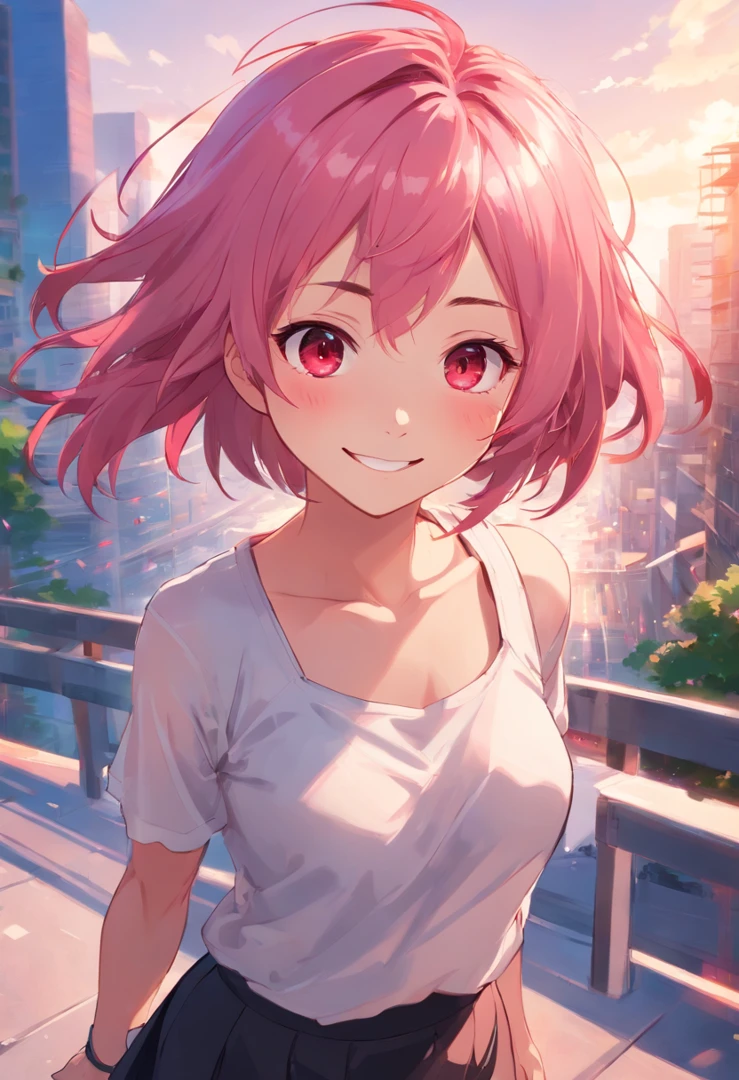 anime girl smiling, pink hair, messy hair, red eyes, cute face, girlfriend look, white top, black short skirt, sensual pose