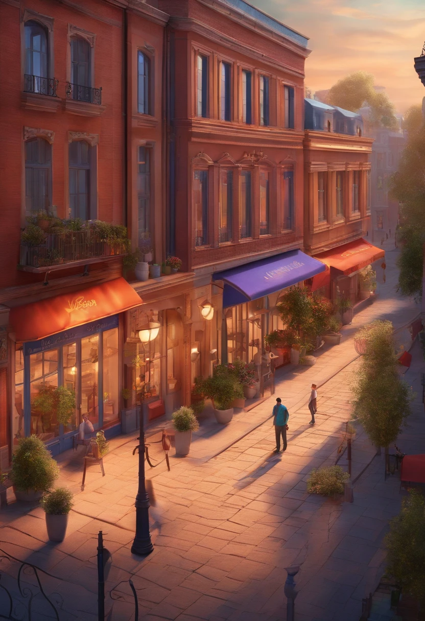 Pixar 3D-style drawing of a slimming clinic in the city center with a character in the foreground