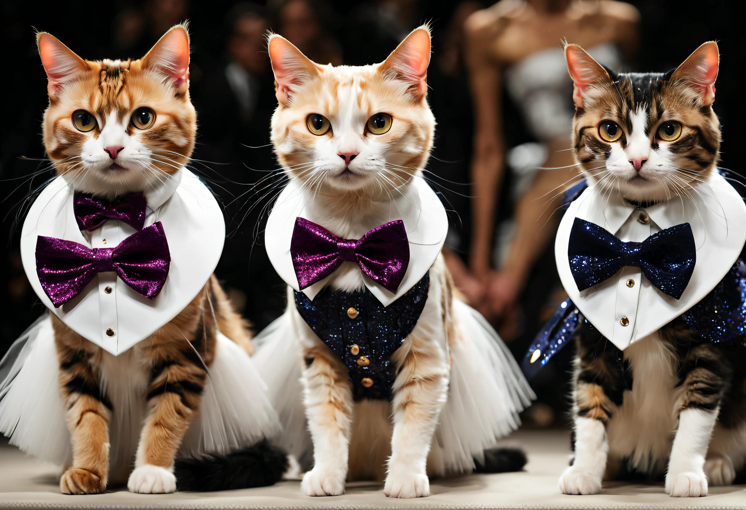 A cat fashion show (best quality, 4k, 8k, high resolution, masterpiece: 1.2), ultra detailed (realistic, photorealistic, photorealistic: 1.37), glamorous and costumed dogs, vibrant colors, catwalk, couture costumes accessories stylish, catwalk, celebrity judges, posh and stylish breeds, fashion lovers, cat divas, fierce competition, fabulous outfits, sparkly collars and leashes, strutting cat models, extravagant headdresses, stylish bow ties, stylish tutus, designer dresses , elegant tuxedos, haute couture, pet fashion lovers, supportive audience, enthusiastic applause, avant-garde cats, elegant pedicures, professional photographers, camera flashes, the latest trends, influential dogs, red carpet glamour, canine elegance, changes of stunning image.