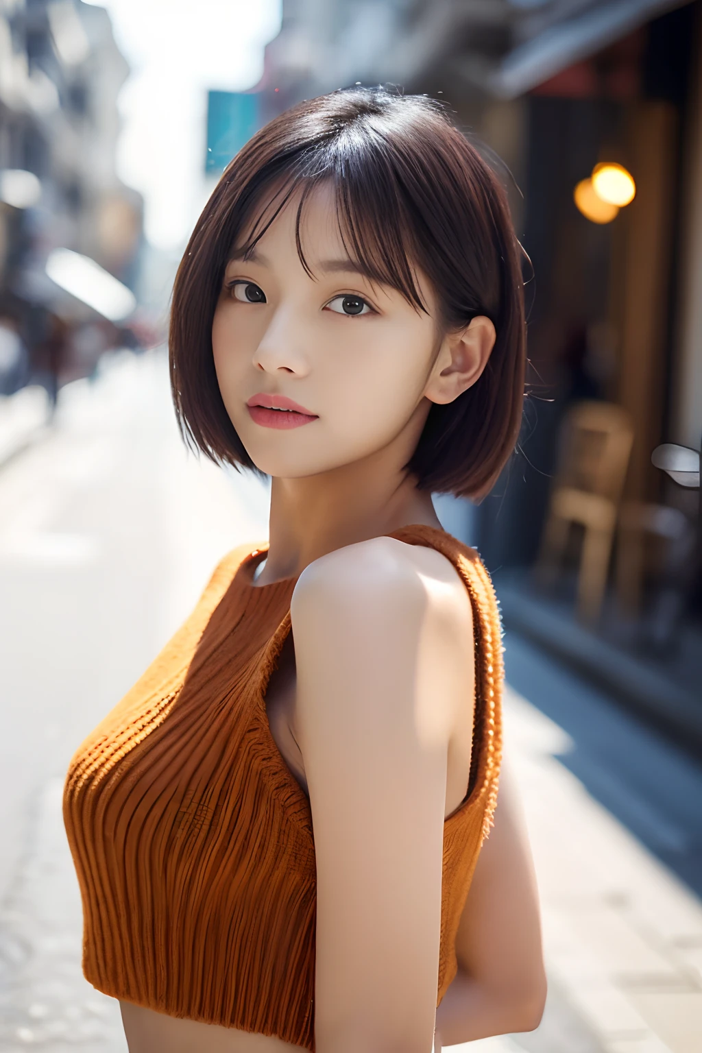((top-quality、in 8K、masterpiece:1.3))、foco nítido:1.2、Beautiful woman perfect body:1.4、Slim abs:1.2、((Very short hair:1.2))、(Dark Orange Knitwear、denim:1.1)、(Sateen、a street:1.2)、wetbody:1.5、Three-dimensional texture、A detailed eye、Brown hair、Very shiny hair、posterior view、Hair quality improvement、Handsome short、Short-haired blonde
